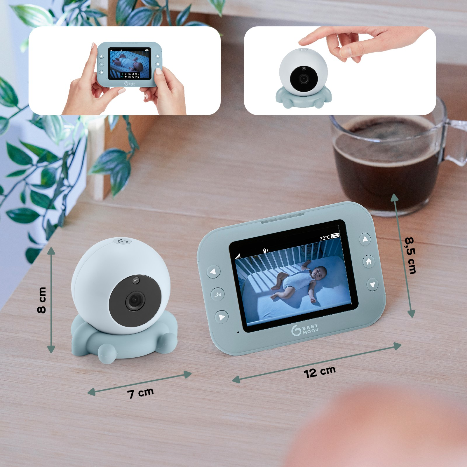Babyphone mit Kamera, Bildschirm und Maßen.