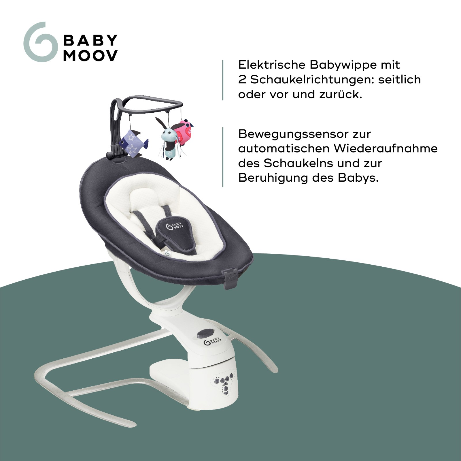 Eine Babywippe mit hängendem Spielzeug, auf weißem Gestell mit dunkelgrauem Sitz.