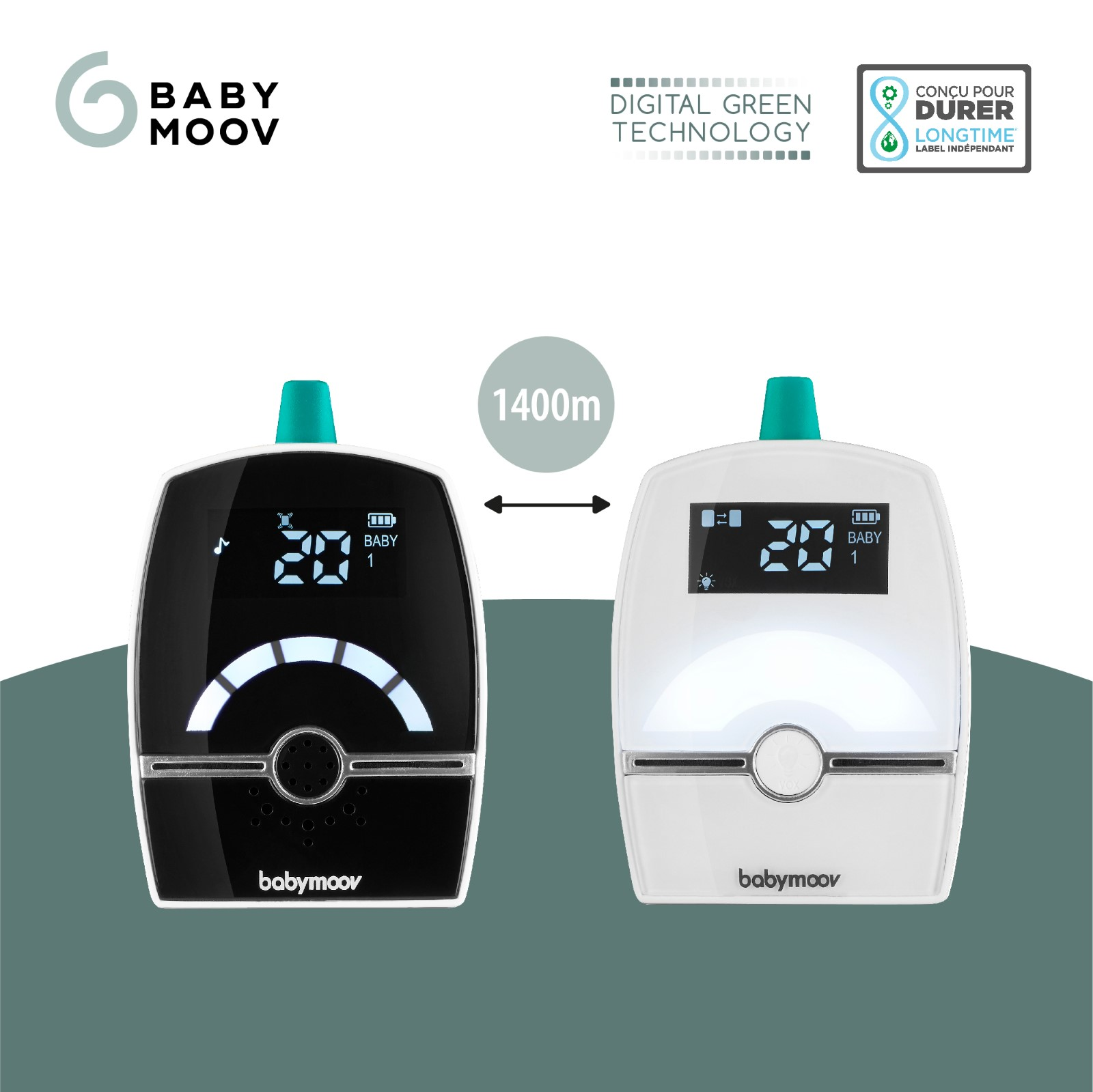 Zwei Babyphone nebeneinander, eines schwarz und eines weiß, mit Anzeigen und Markierungsinformationen.