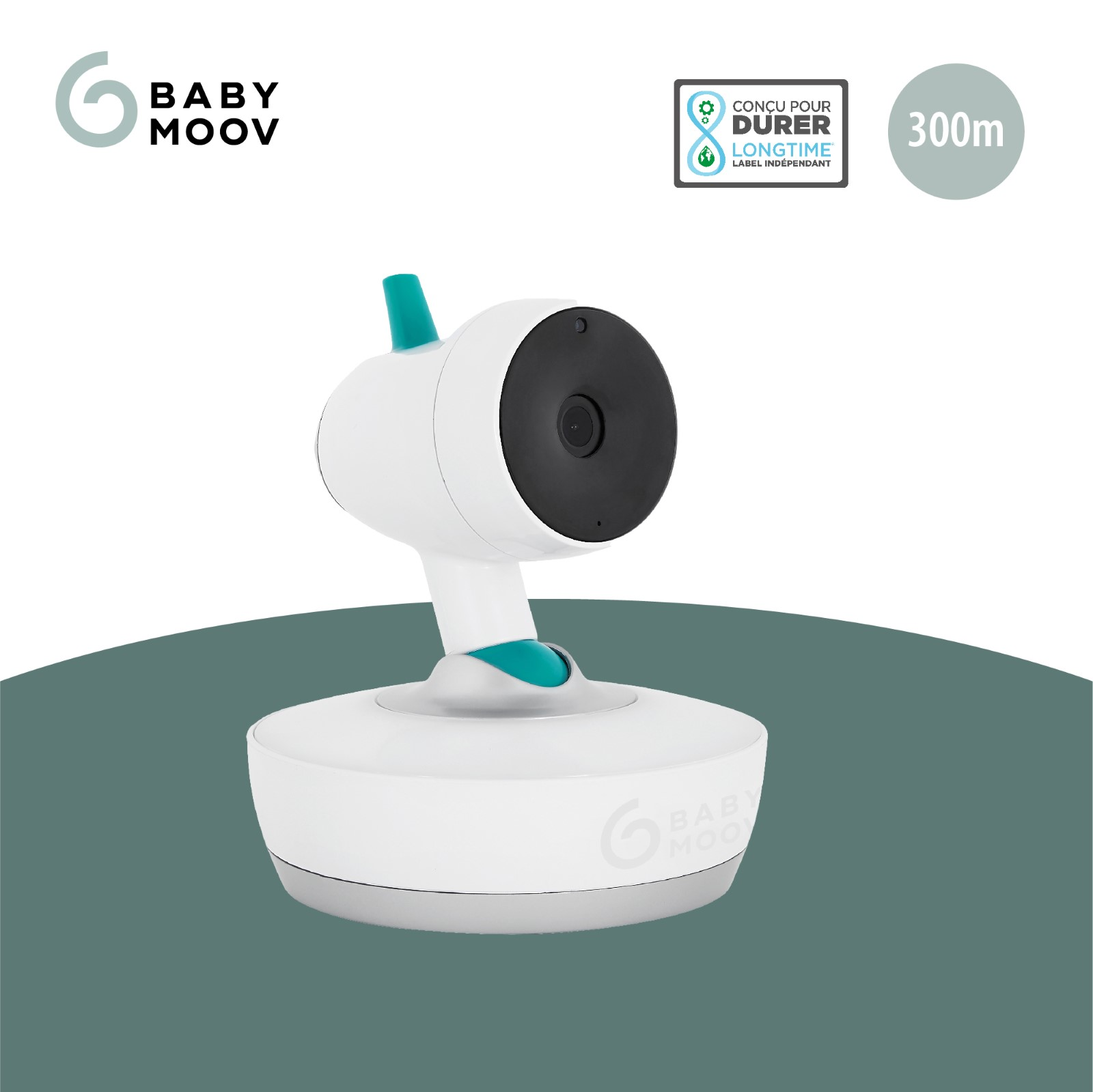 Weißer Babyphone mit Kamera auf weißer Basis. Text: BABY MOOV. Es steht: CONCU POUR DURER.