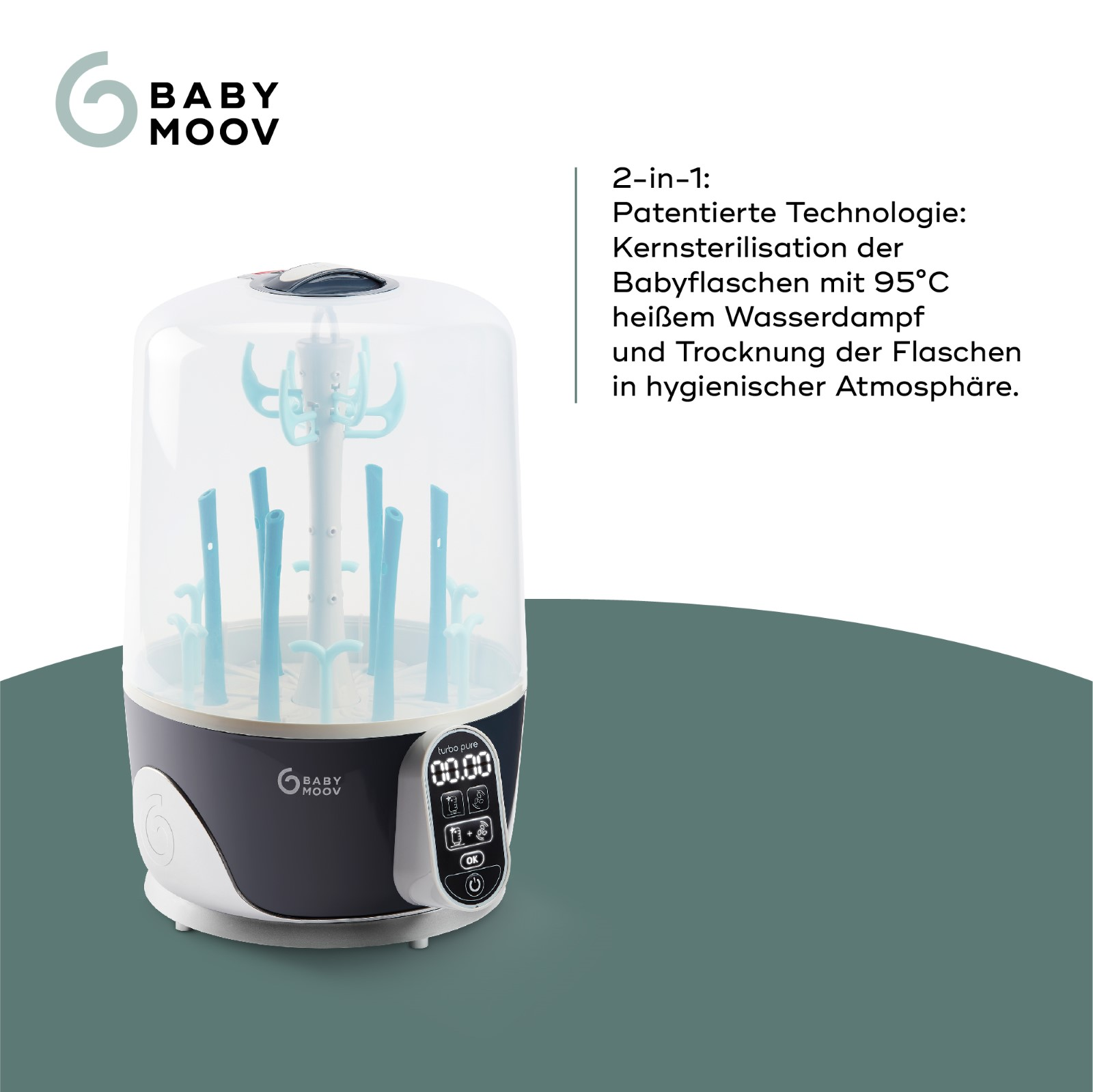 Weiß-schwarzer Babyflaschensterilisator mit Flaschen darin.