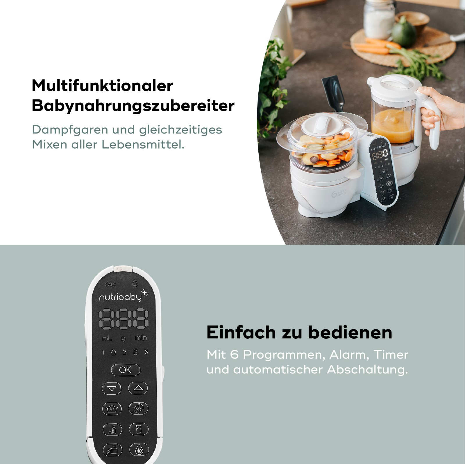 Un baby food maker bianco e nero con display digitale e pulsanti multipli su una superficie scura.