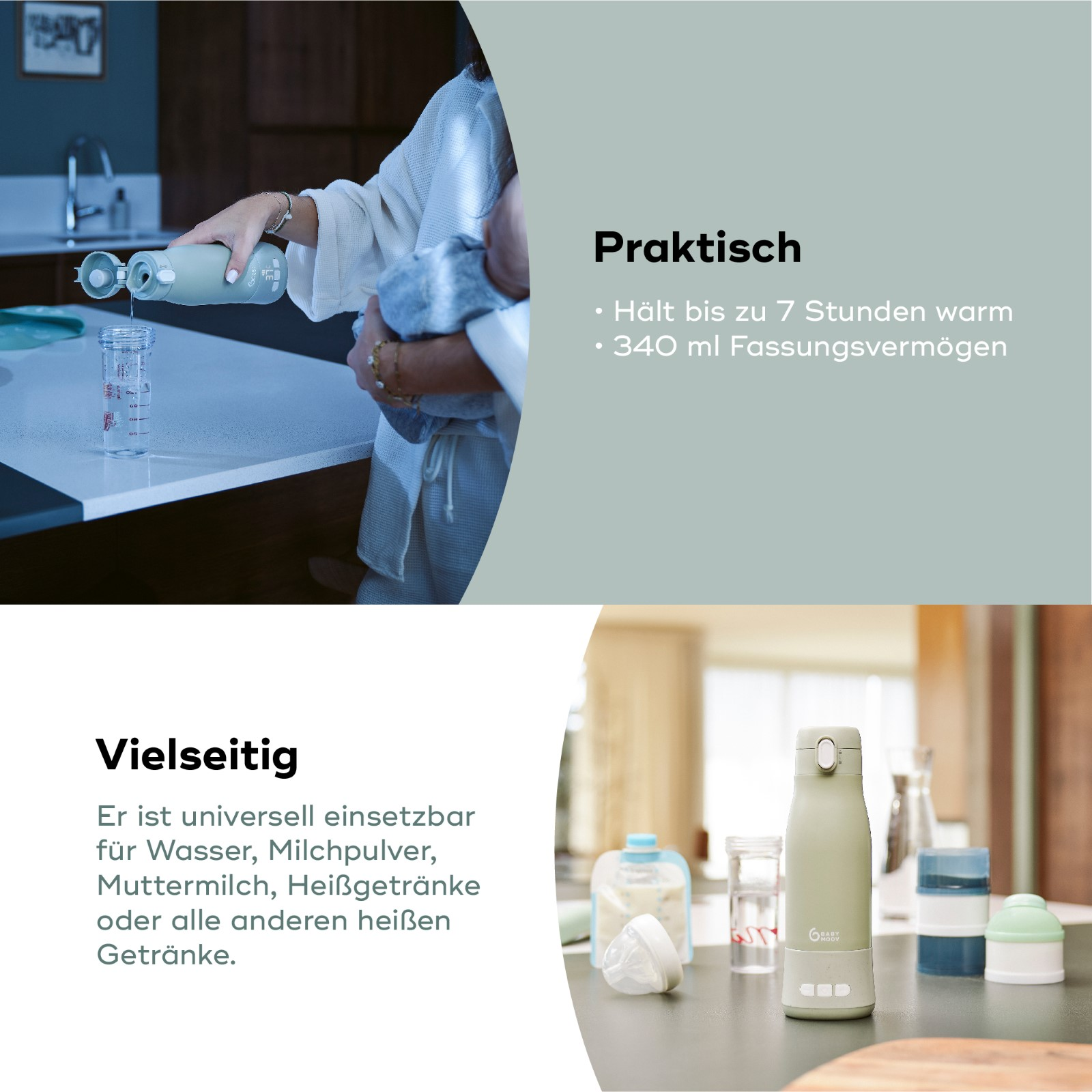 Eine Person gießt Flüssigkeit in eine Babyflasche. Text über die Produkteigenschaften ist oben und unten angezeigt.