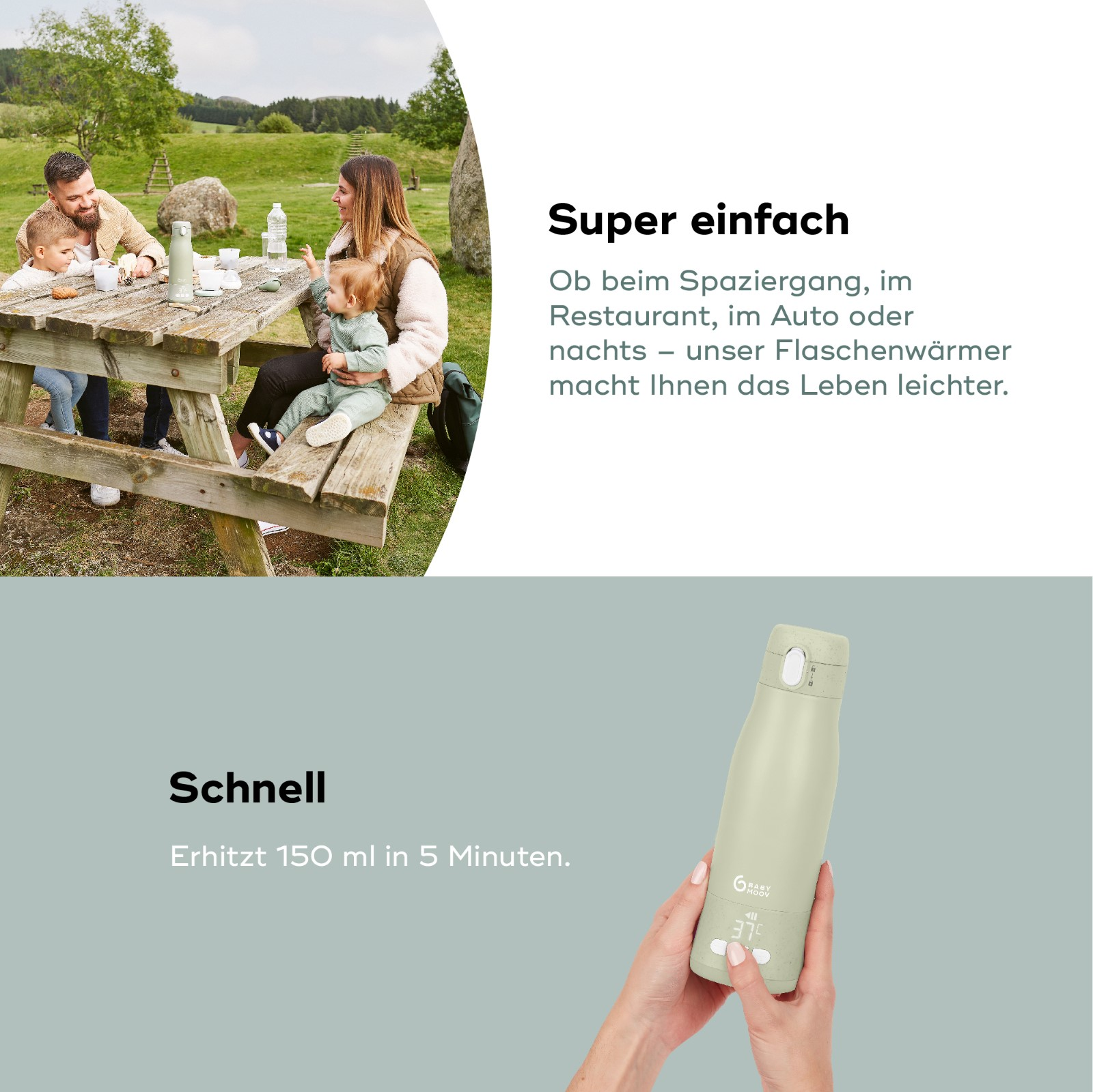 Eine Familie an einem Picknicktisch mit einem Babyflaschenwärmer. Grüner Flaschenwärmer im Vordergrund.