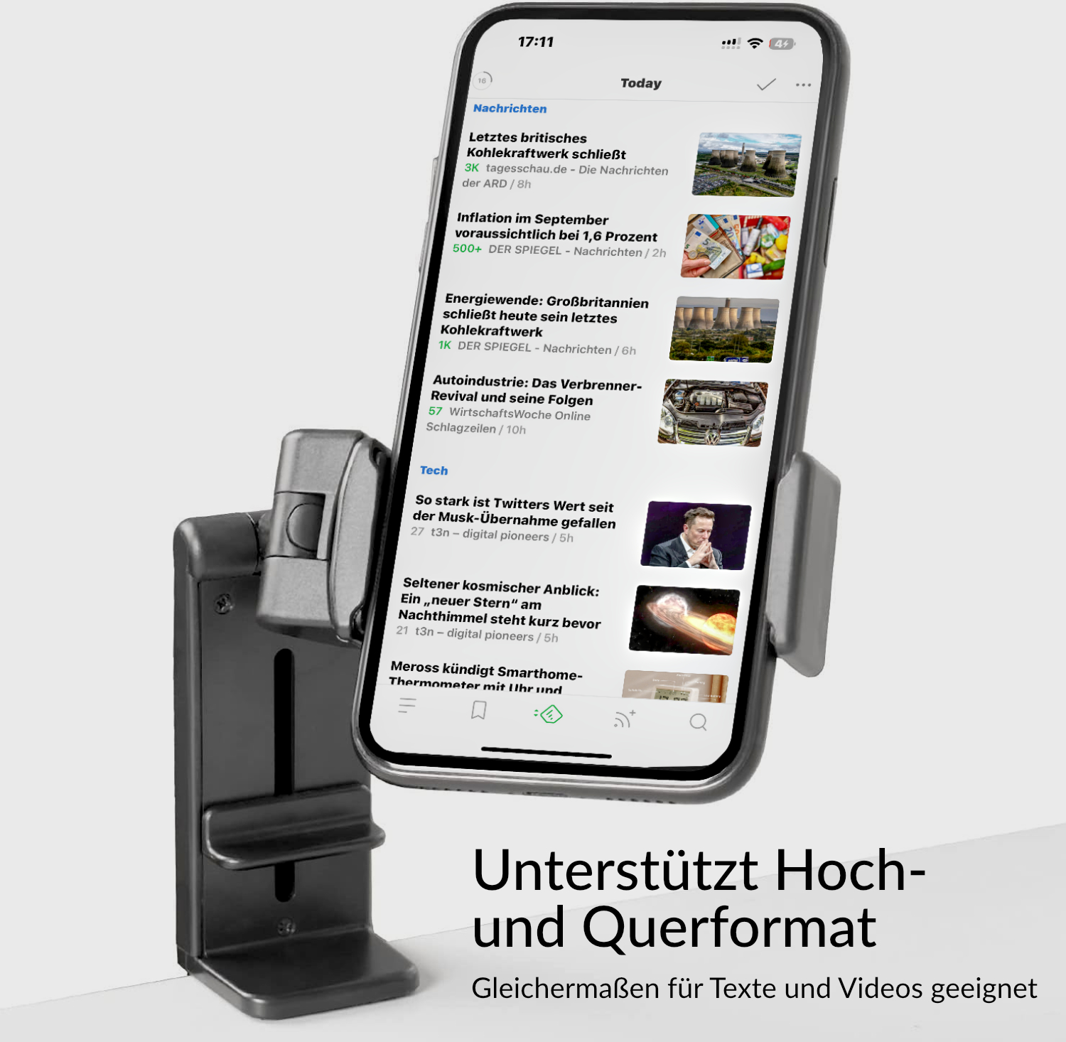 Ein Telefon in einer Halterung zeigt eine Nachrichten-App. Text unten: 'Unterstützt Hoch- und Querformat'.
