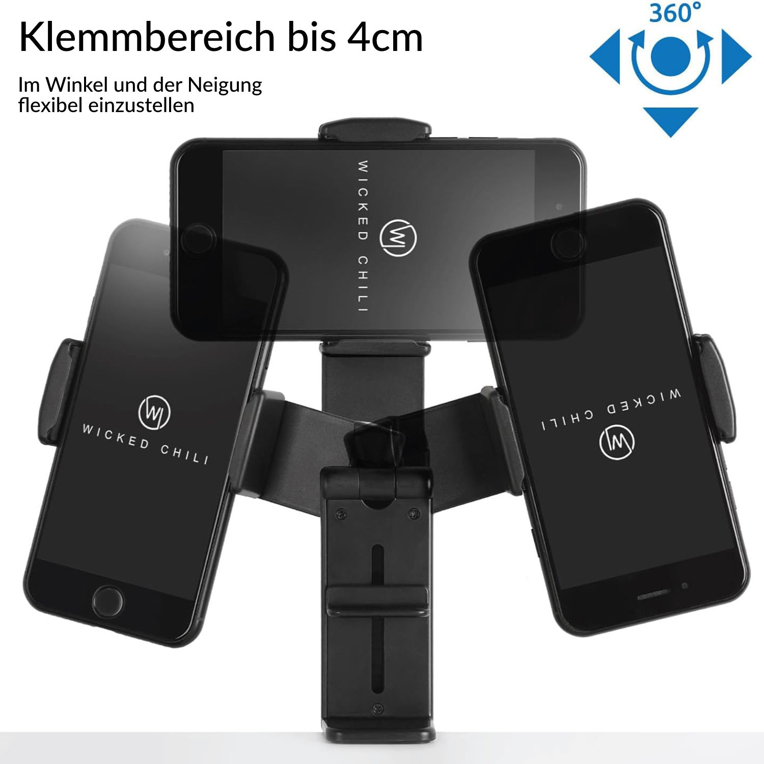 Ein Telefonhalter mit drei angebrachten Telefonen. Der Halter ist schwarz mit einem schwarzen Telefon.