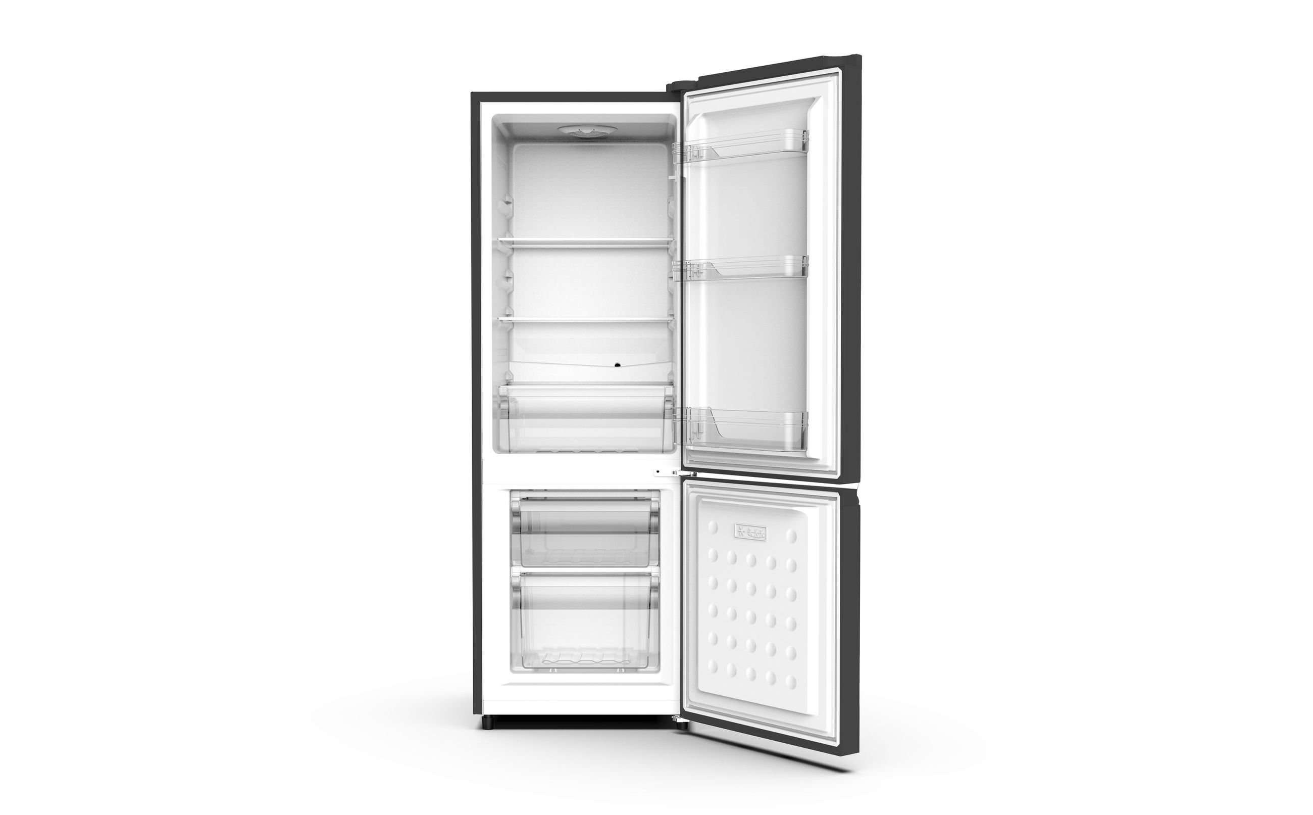 Offener Kühlschrank mit zwei Türen. Innen mit leeren Regalen und Schubladen.