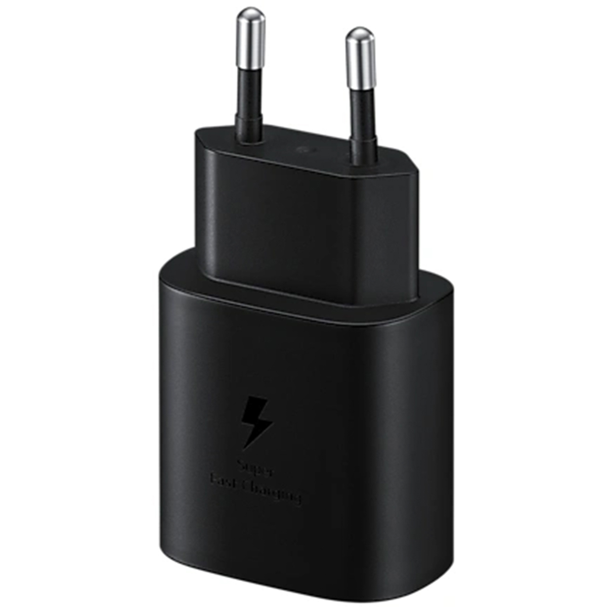 Een zwarte telefoonoplader met twee pinnen. Bliksemsymbool en de woorden "Super Fast Charging".