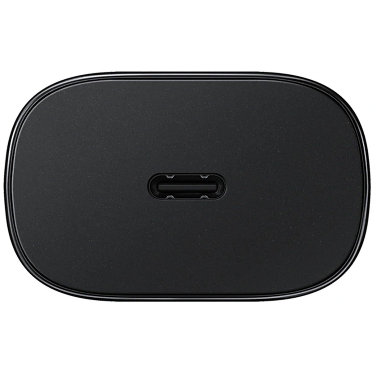 Zwarte USB-C-lader met één USB-C-poort. Afgeronde vorm, zwarte kleur.