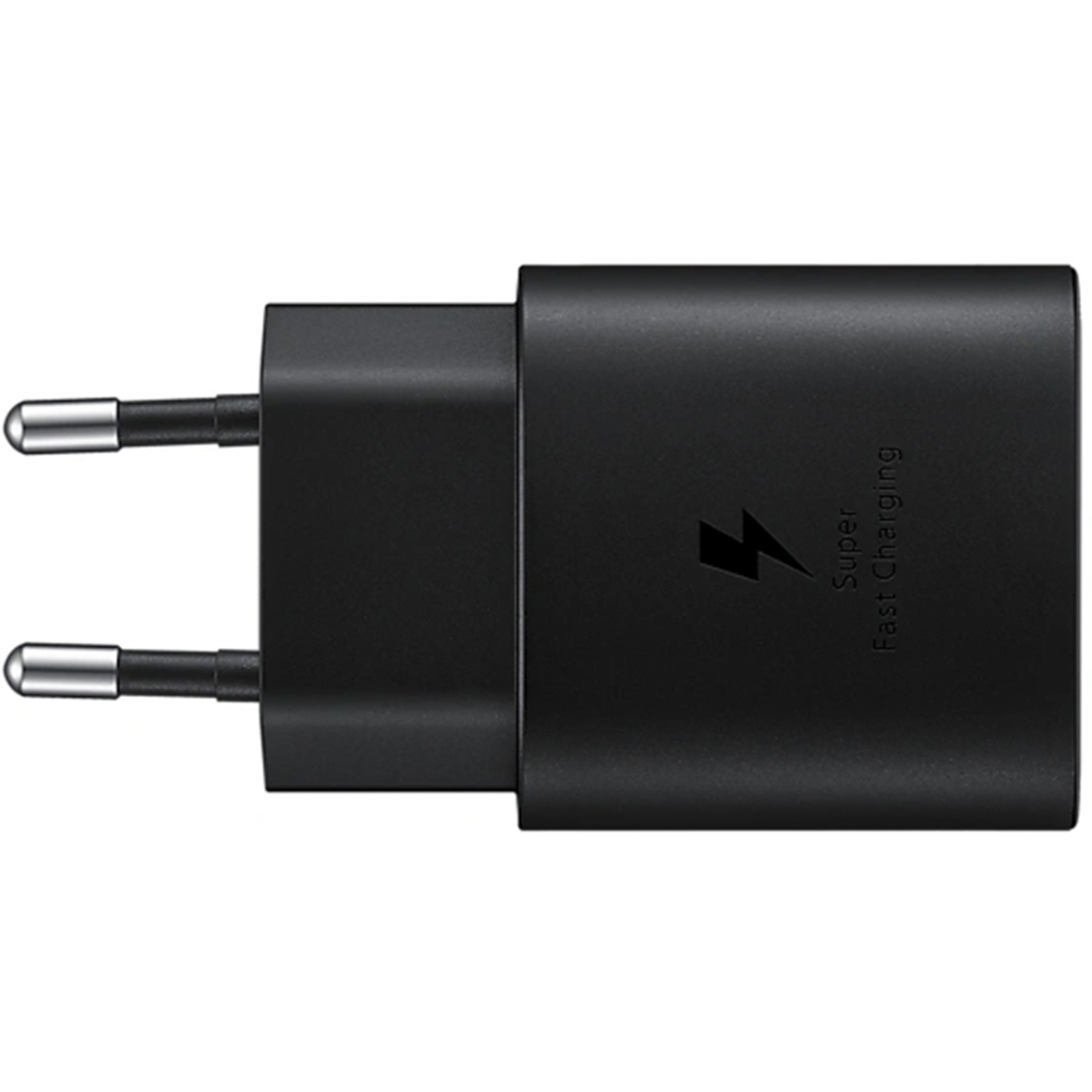 Zwarte Samsung Super Fast Charging adapter. Twee zilveren pinnen steken uit de onderkant.
