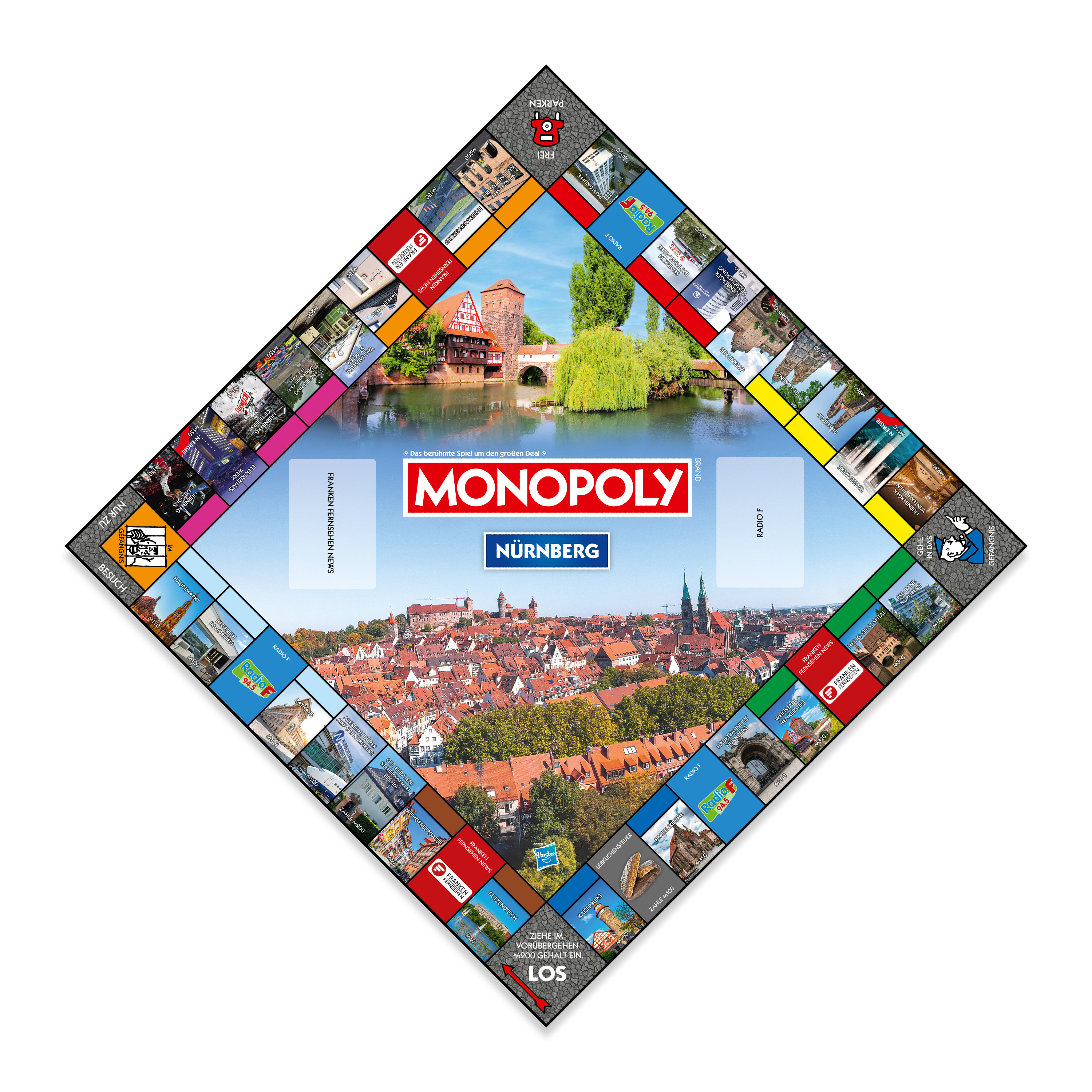 Monopoly-Brettspiel mit einer Luftaufnahme von Nürnberg im Zentrum. Das Spielbrett ist rautenförmig.