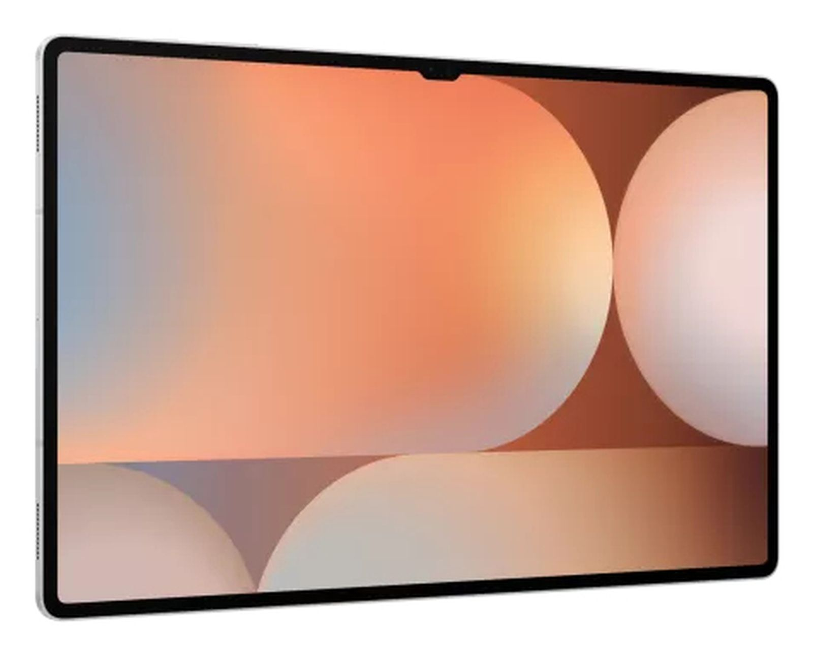 Tablet met een groot scherm, met een wazig oranje en wit patroon, op een witte achtergrond.