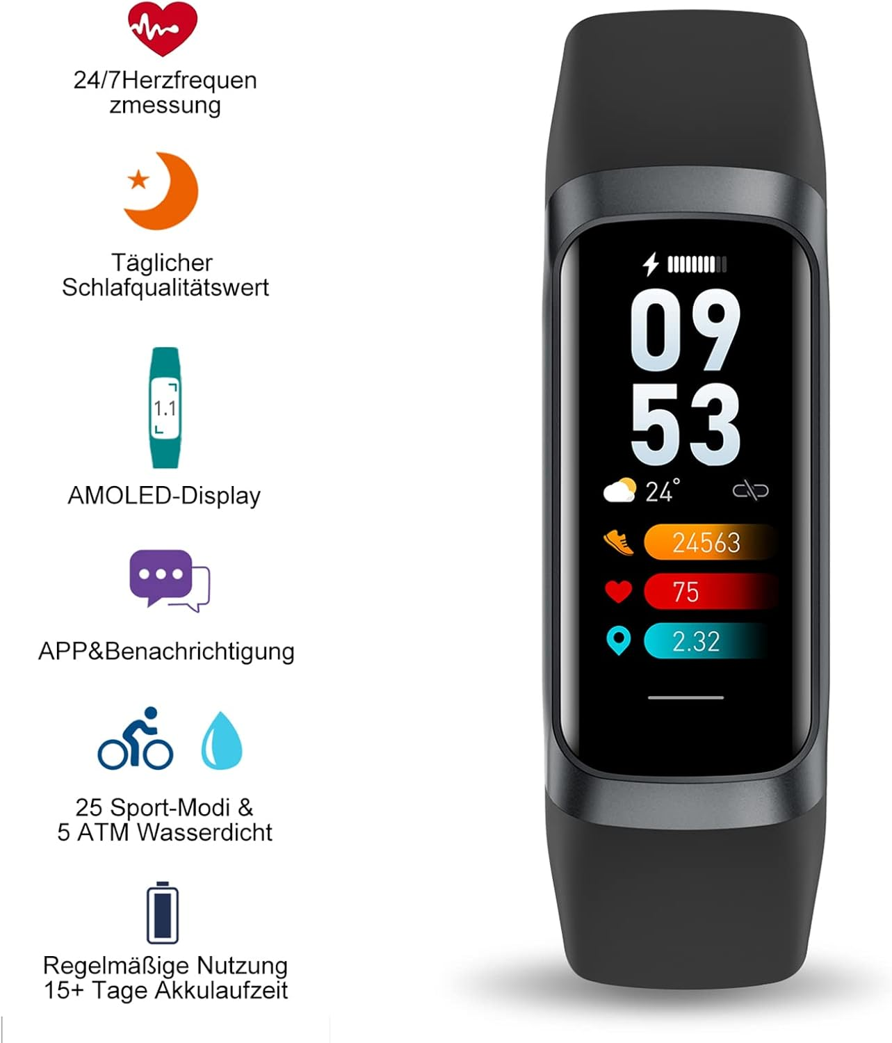 Ein schwarzer Fitness-Tracker mit AMOLED-Display, das Zahlen und gesundheitsbezogene Symbole anzeigt.