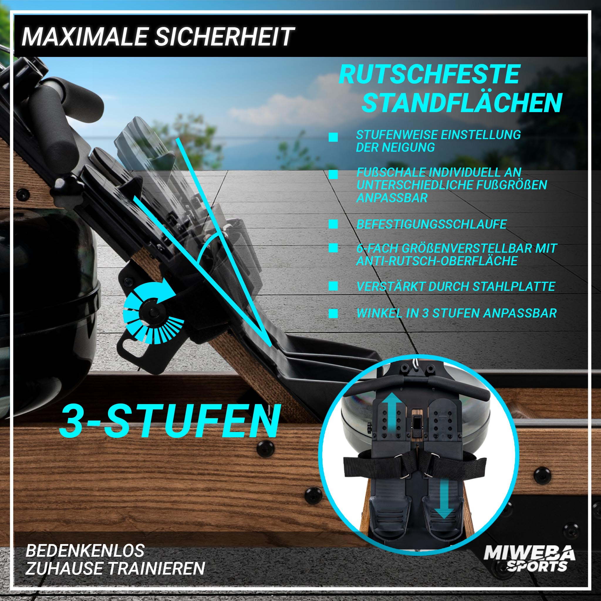Rudergerät Detail mit Beschriftungen zu den Funktionen und Nahaufnahme des Fußstütze.