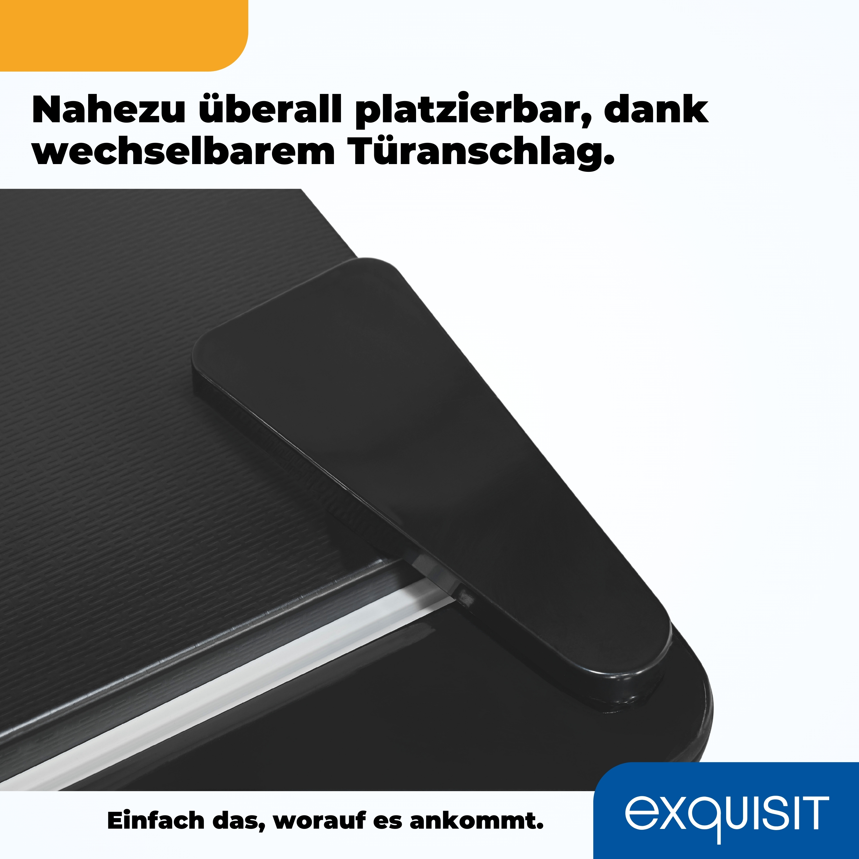Eine schwarze Schreibtischecke mit dem deutschen Text 'Nahezu überall platzierbar, dank wechselbarem Türanschlag'.