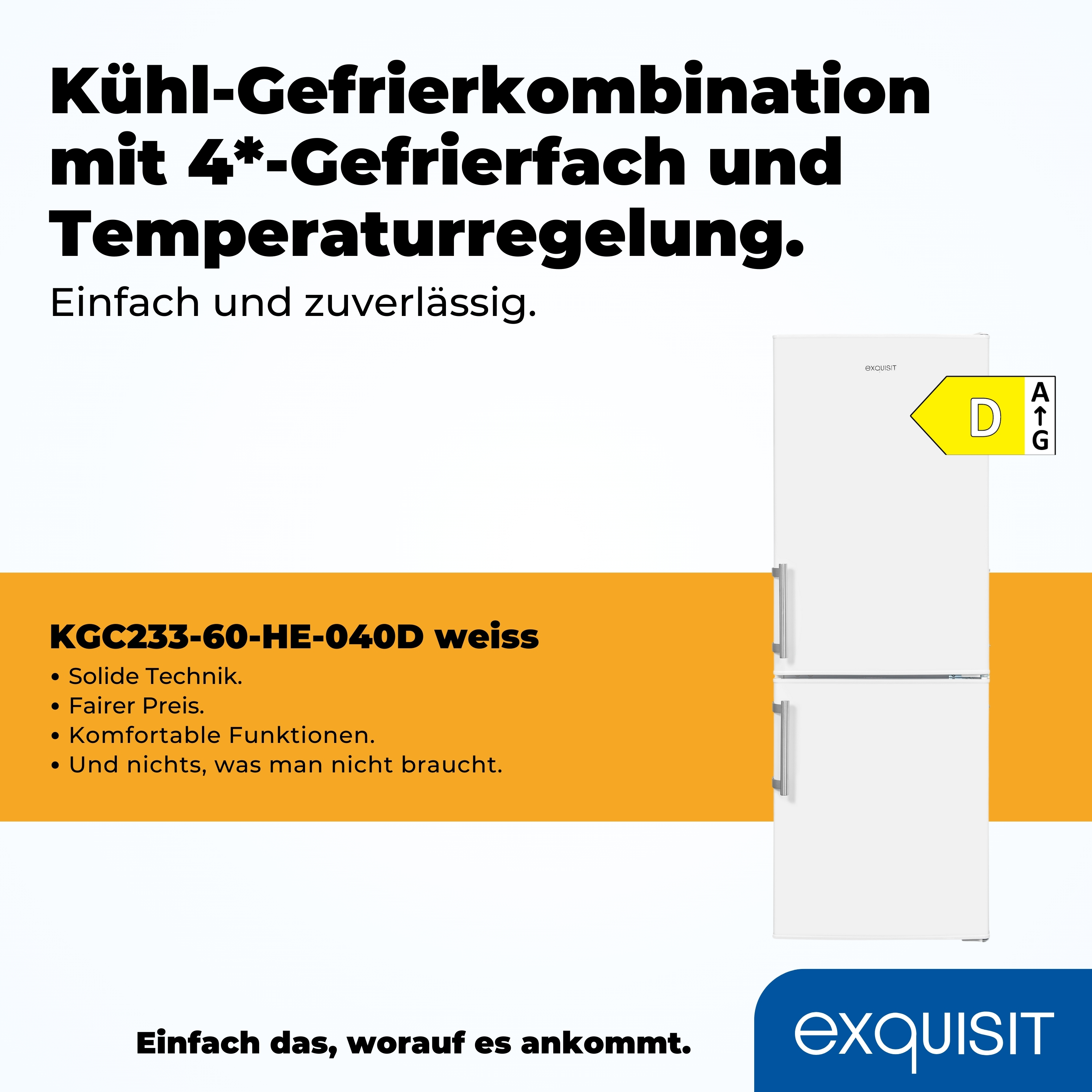 Weißer Kühlschrank mit Gefrierfach. Text links, Energielabel rechts.