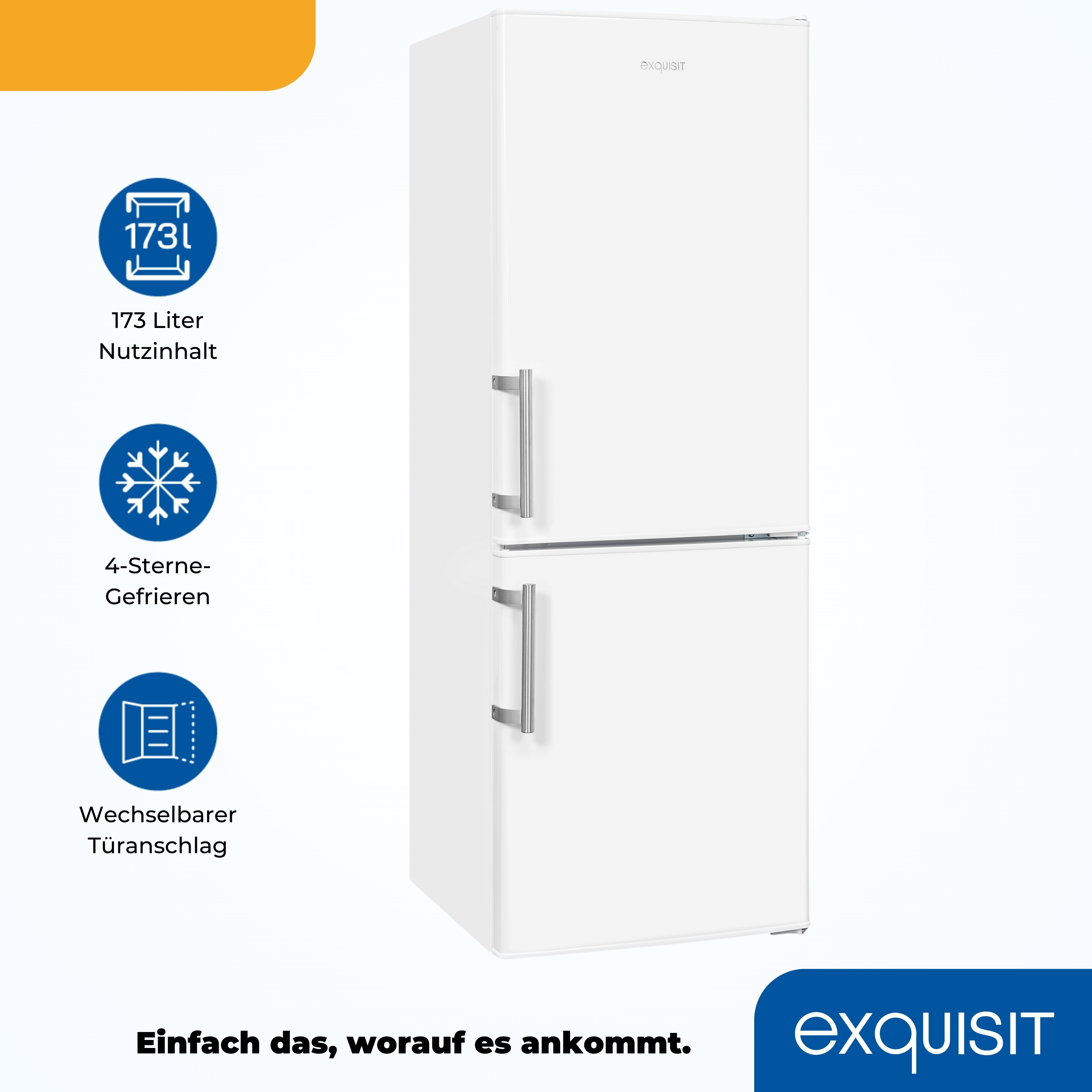 Ein weißer Kühlschrank mit Text und Symbolen, die Funktionen hervorheben.