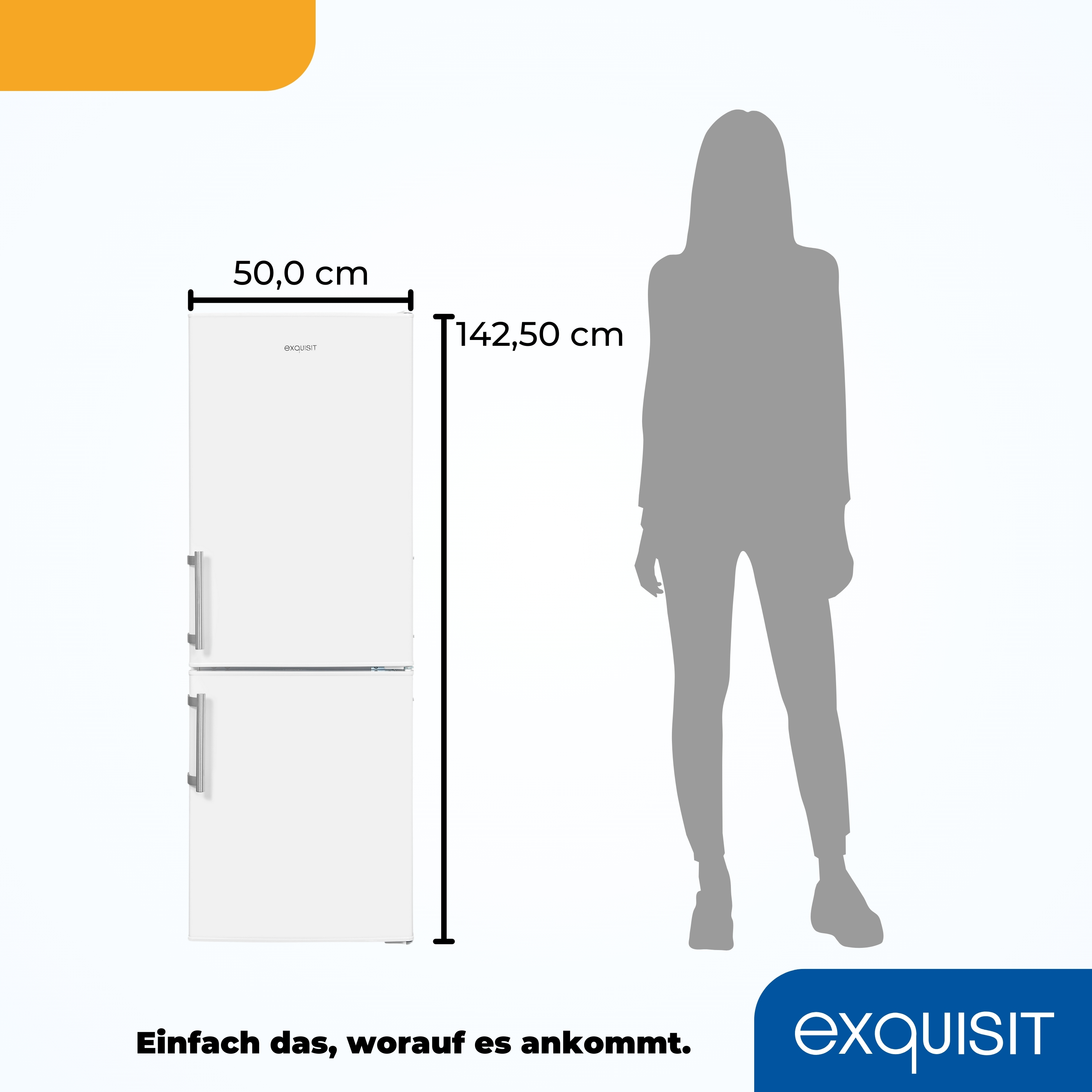 Weißer Kühlschrank mit Personensilhouette, die die Höhe angibt.