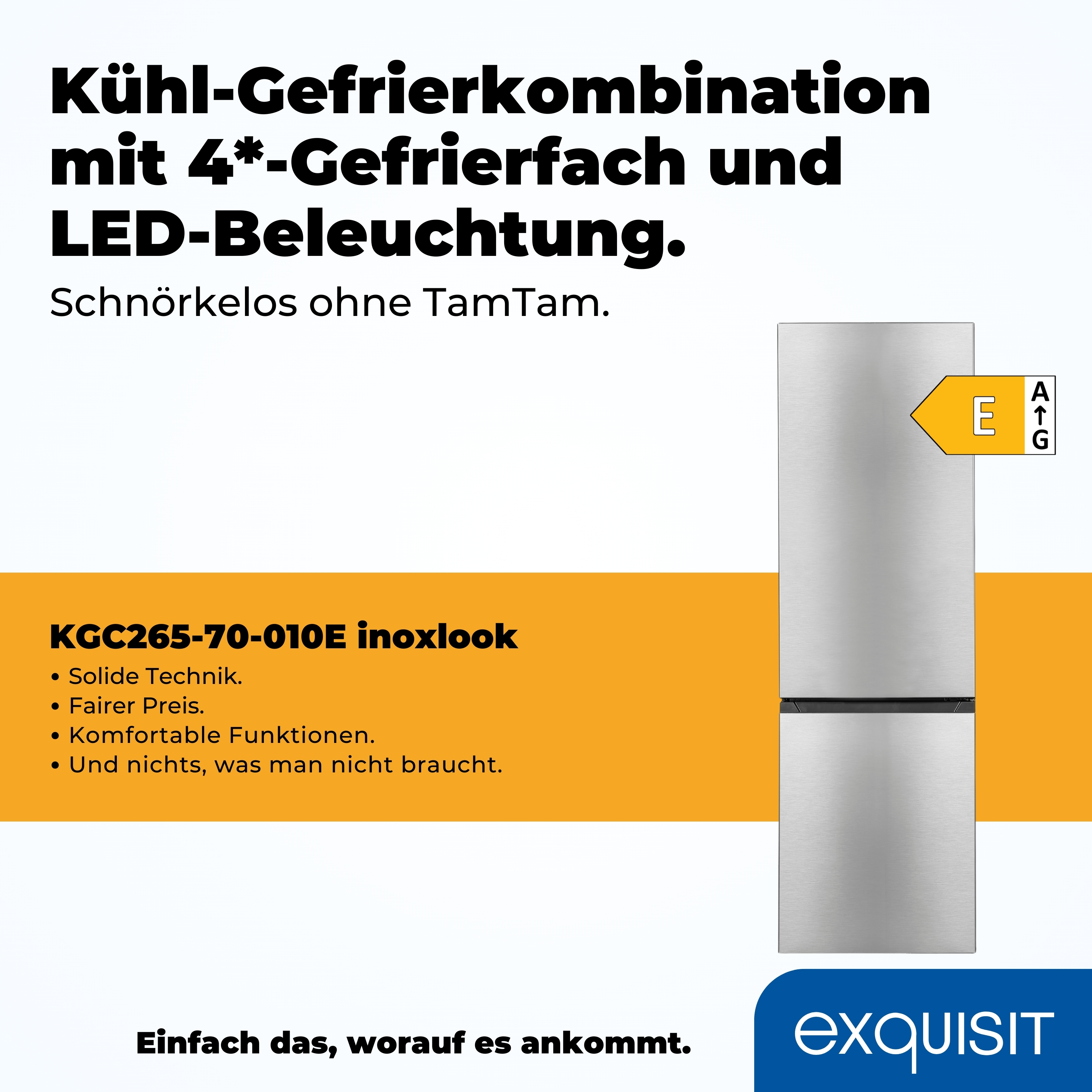 Ein silberner Kühlschrank mit Text, der seine Eigenschaften beschreibt, und einem Energieeffizienzlabel.