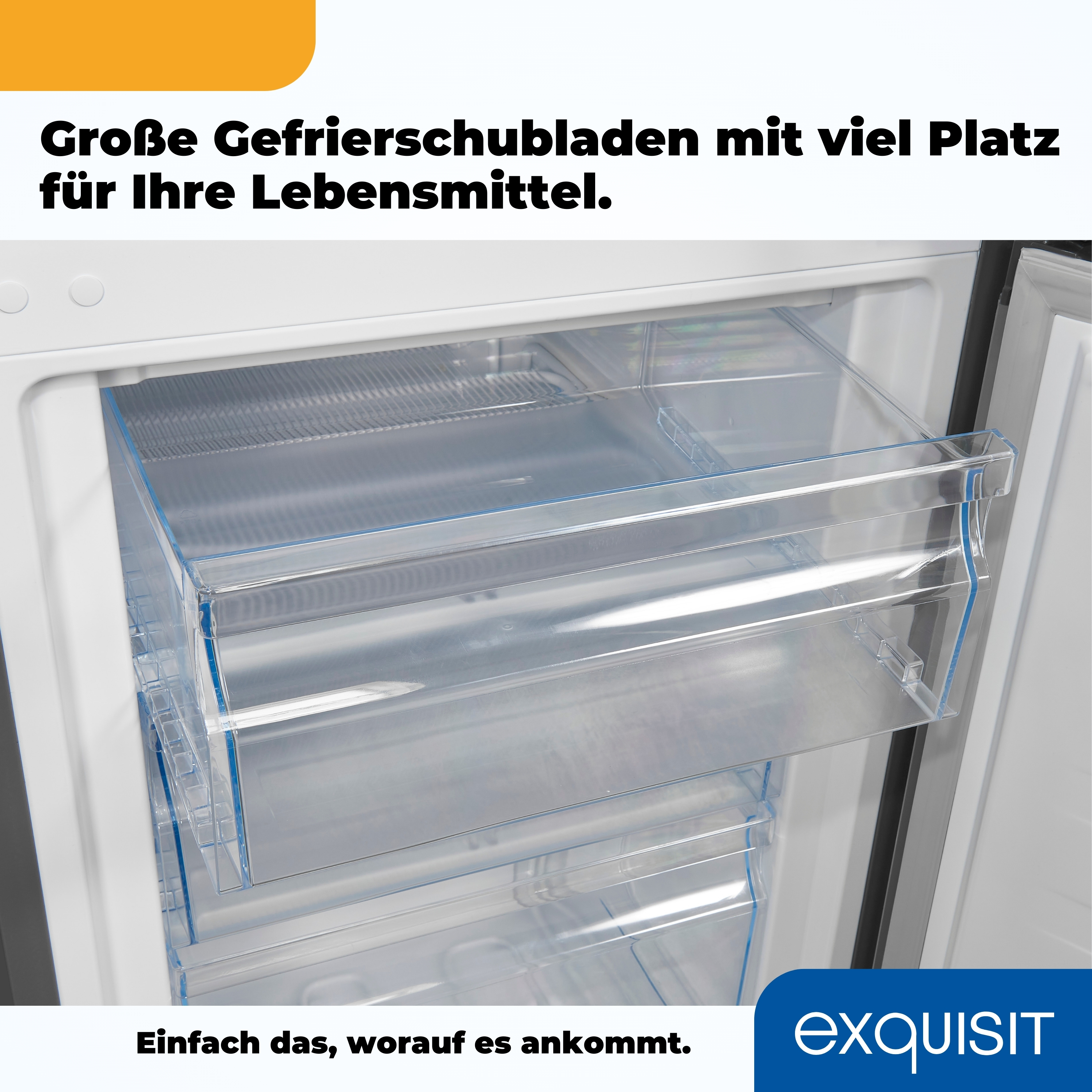 Kühlschrank mit transparenten Schubladen. Text auf Deutsch.