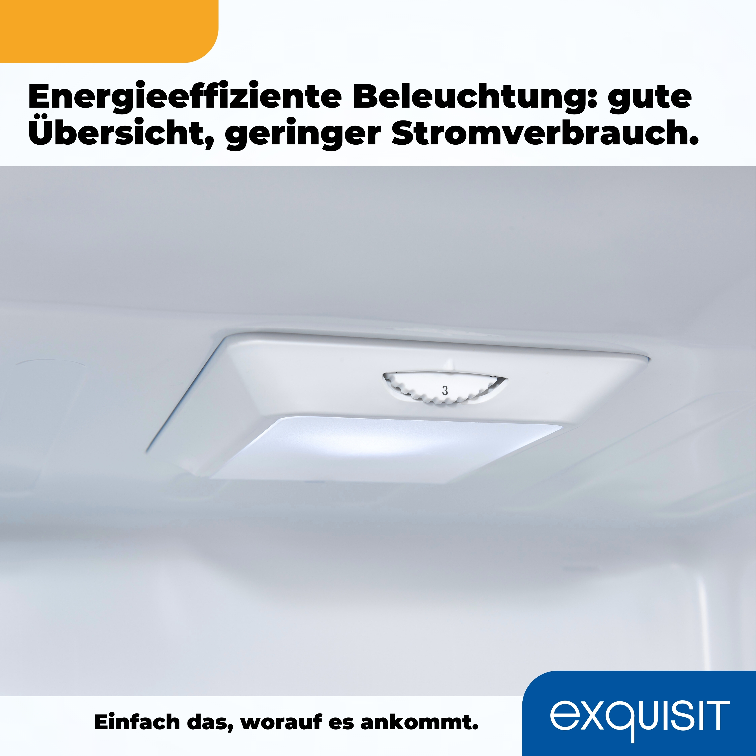 Innerhalb eines Kühlschranks mit Licht. Text: Energieeffiziente Beleuchtung: guter Überblick, geringer Stromverbrauch.