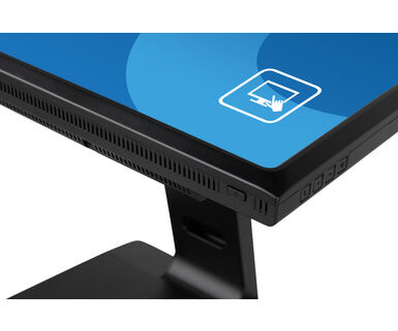 Zbliżenie czarnego monitora z niebieskim ekranem wyświetlającym białą ikonę.