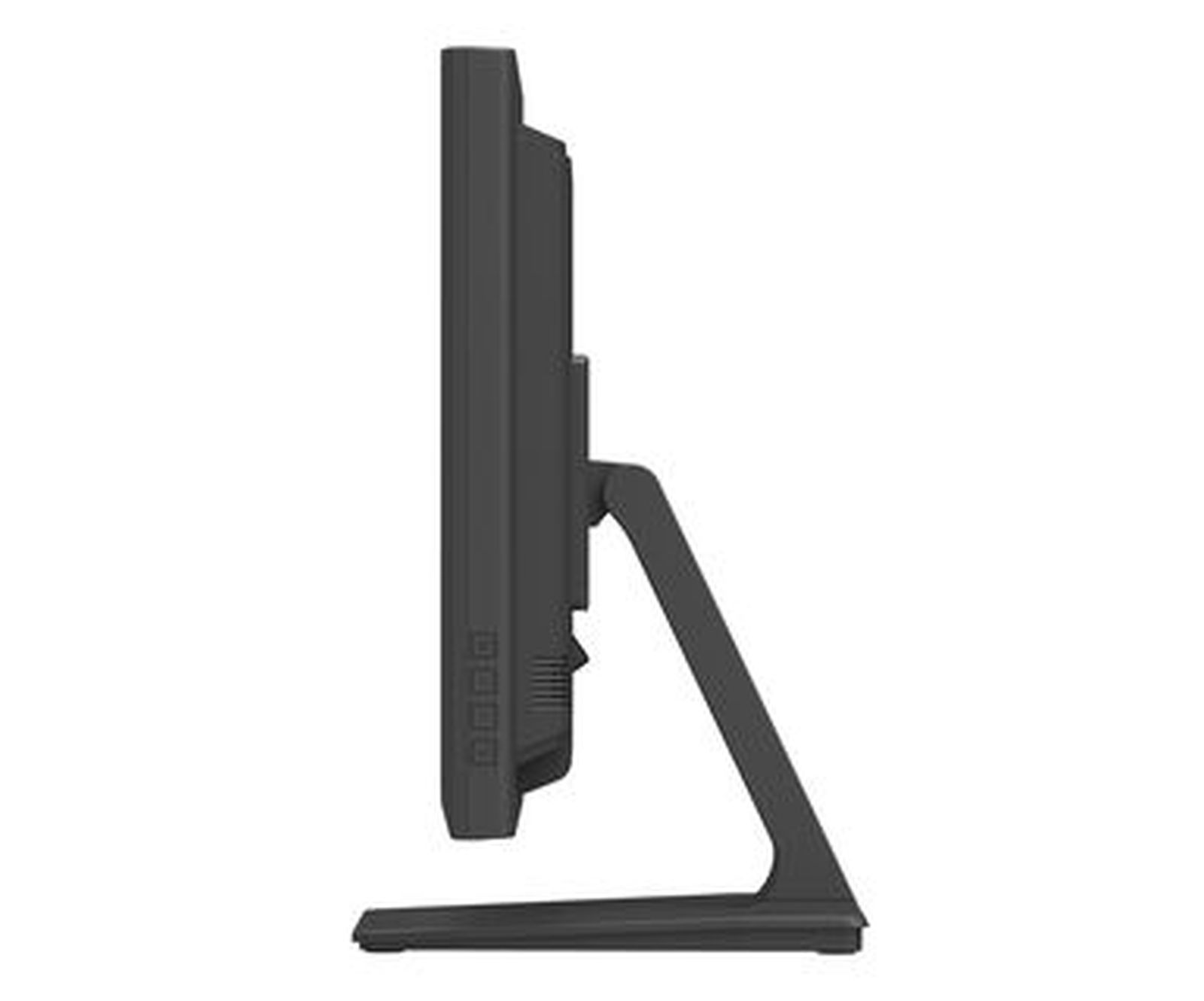 Czarny monitor na stojaku, widziany z boku.