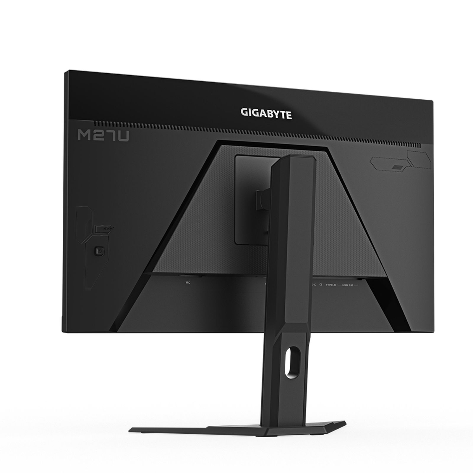 Monitor del computer nero, vista posteriore, con il logo Gigabyte. Colore nero. Sfondo bianco.
