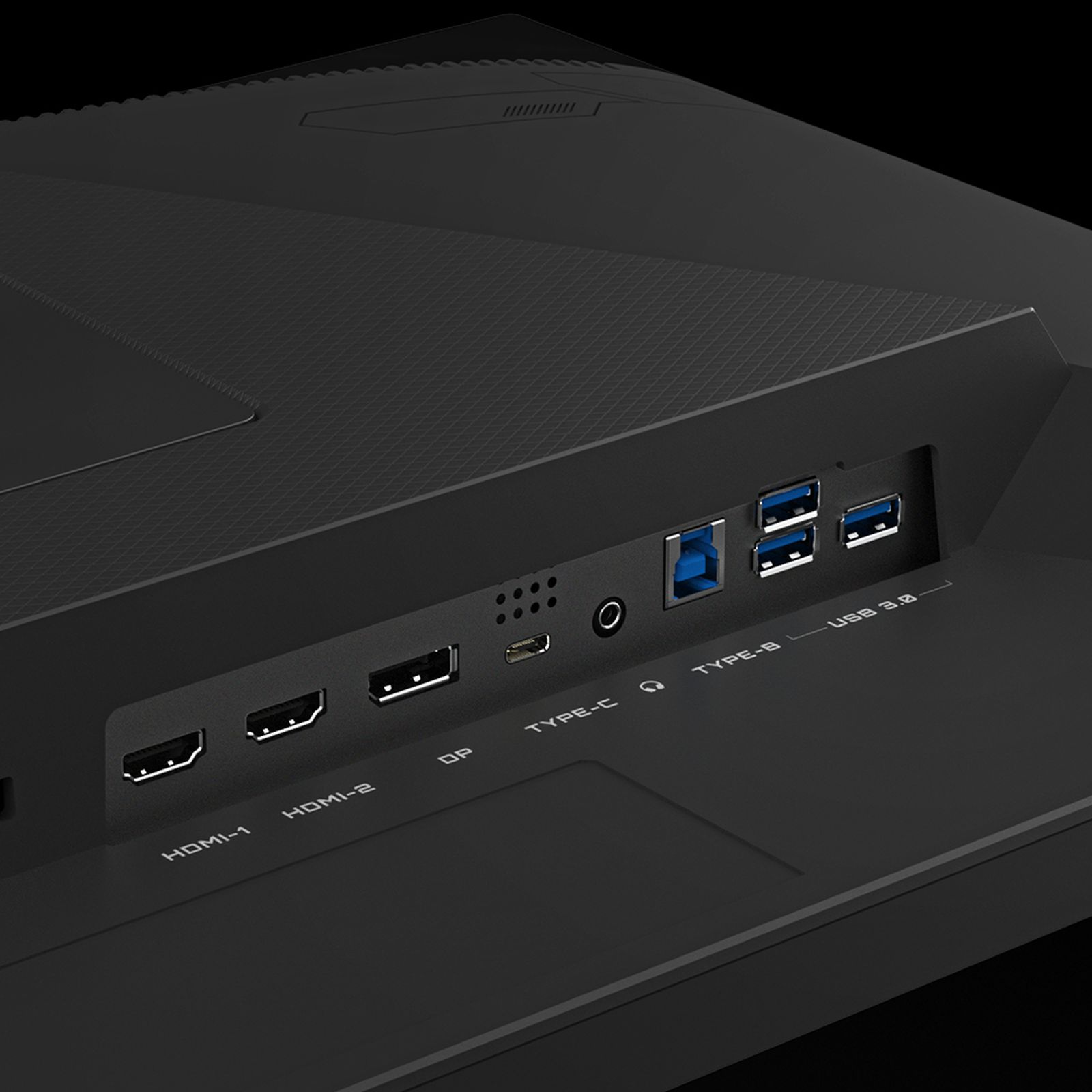 Retro del monitor nero con porte: HDMI, DP, USB, audio e Tipo-C. Superficie strutturata.
