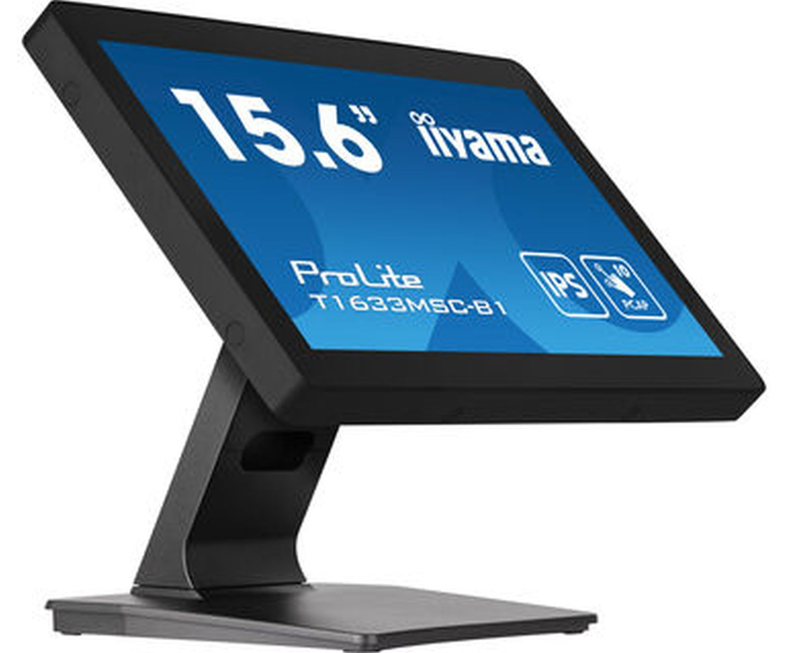 Monitor Iiyama 15,6 cala, czarny, ze stojakiem. Ekran wyświetla informacje o produkcie.