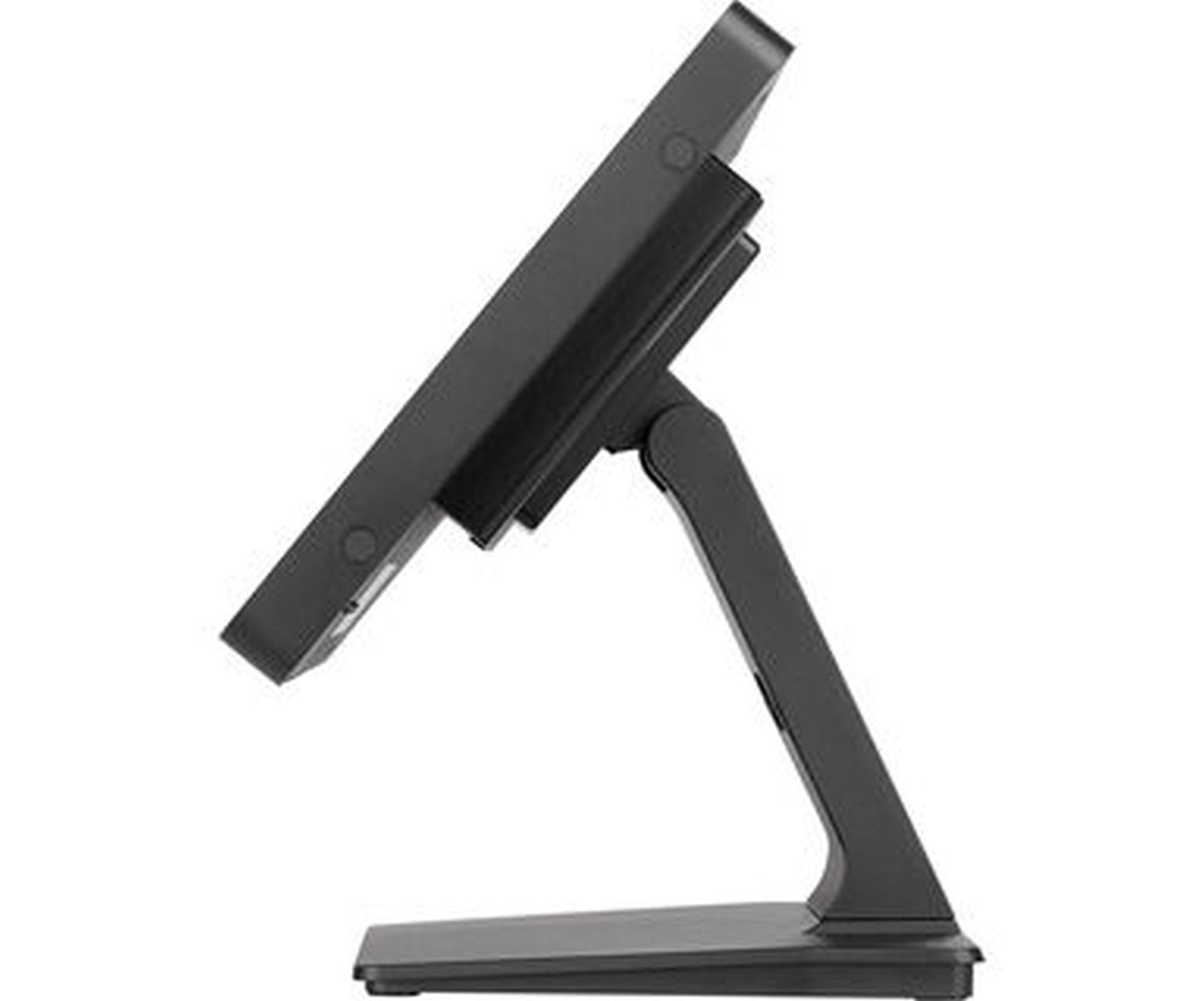 Czarny monitor komputera na stojaku, widok z boku. Ekran jest pochylony.