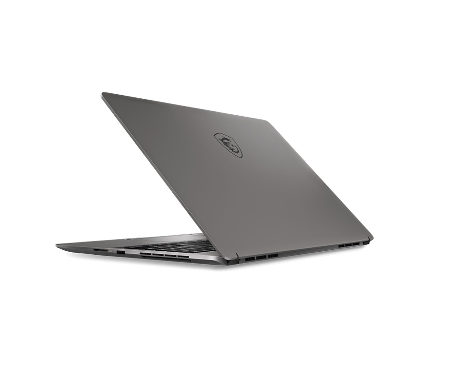 Un laptop grigio con il logo MSI su sfondo bianco. Il laptop è leggermente aperto.