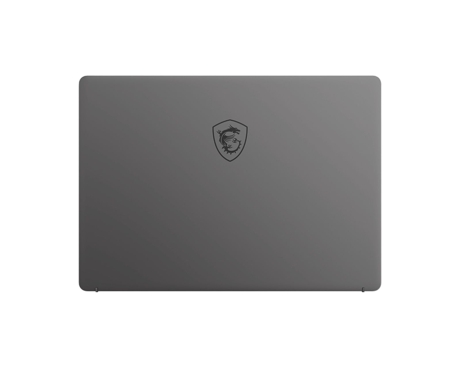 Laptop grigio, vista posteriore, con logo drago al centro.
