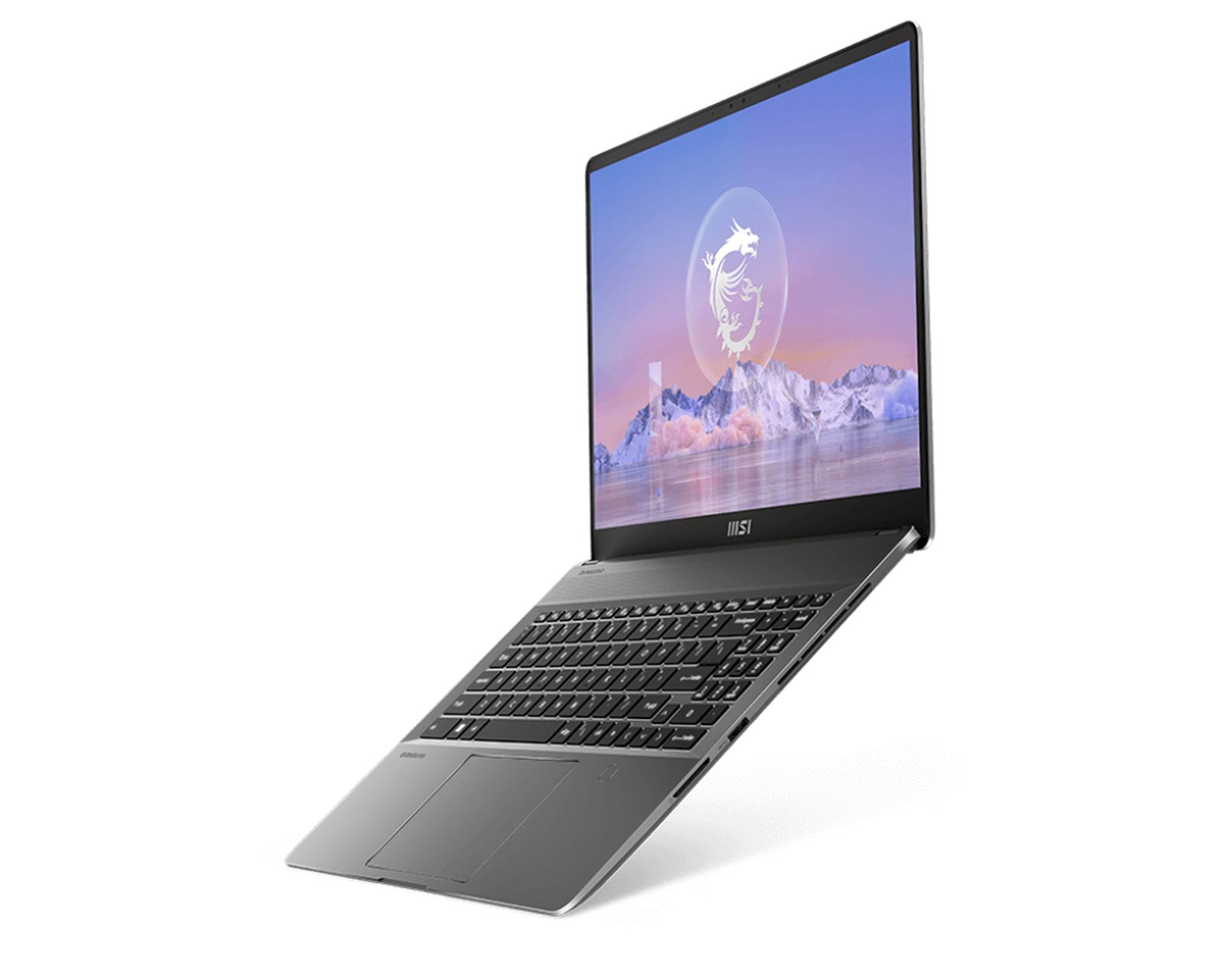 Un laptop argentato con un logo di drago sullo schermo, posto ad angolo contro uno sfondo bianco.