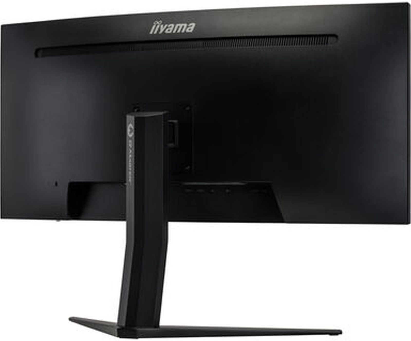 Die Rückseite eines schwarzen Computermonitors mit iiyama Logo und Ständer. Es ist schlicht und elegant.