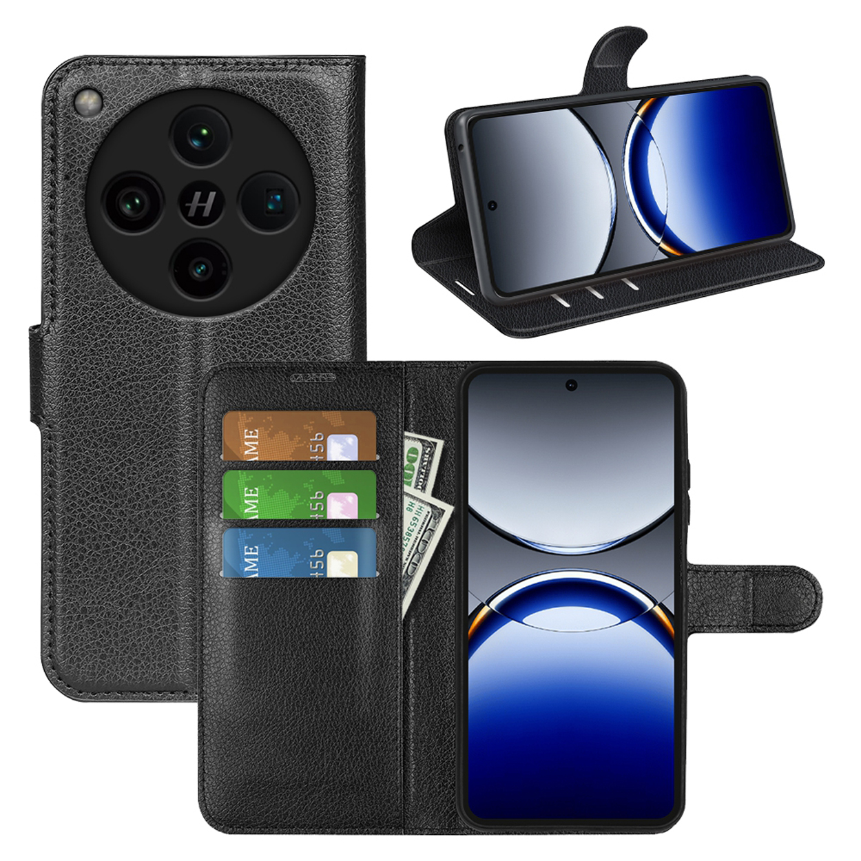 Zwarte telefoonhoes met telefoon, open en dicht, met creditcards en geld. Witte achtergrond.
