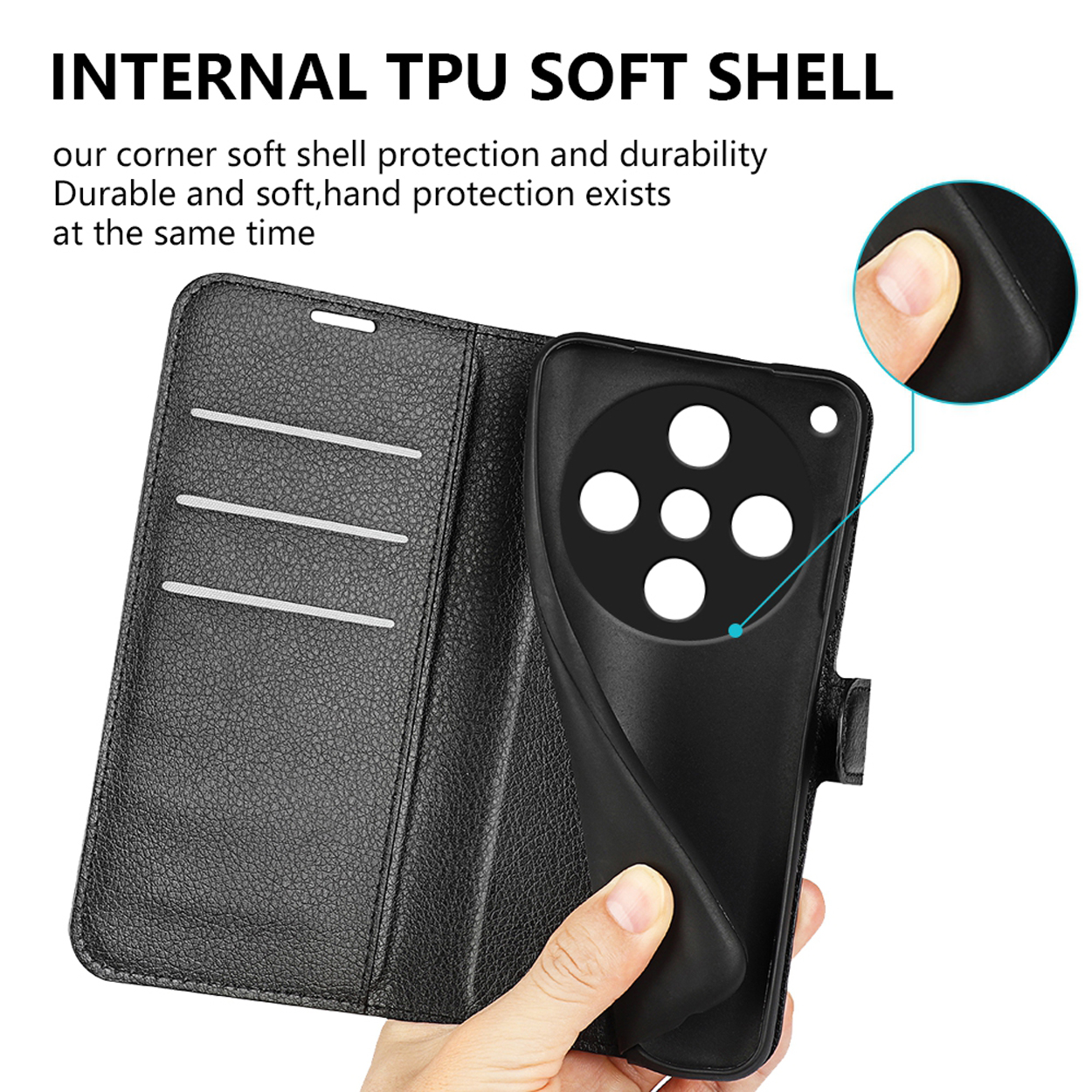 Hand die een zwarte telefoonhoes vasthoudt. Tekst luidt 'Internal TPU Soft Shell'.
