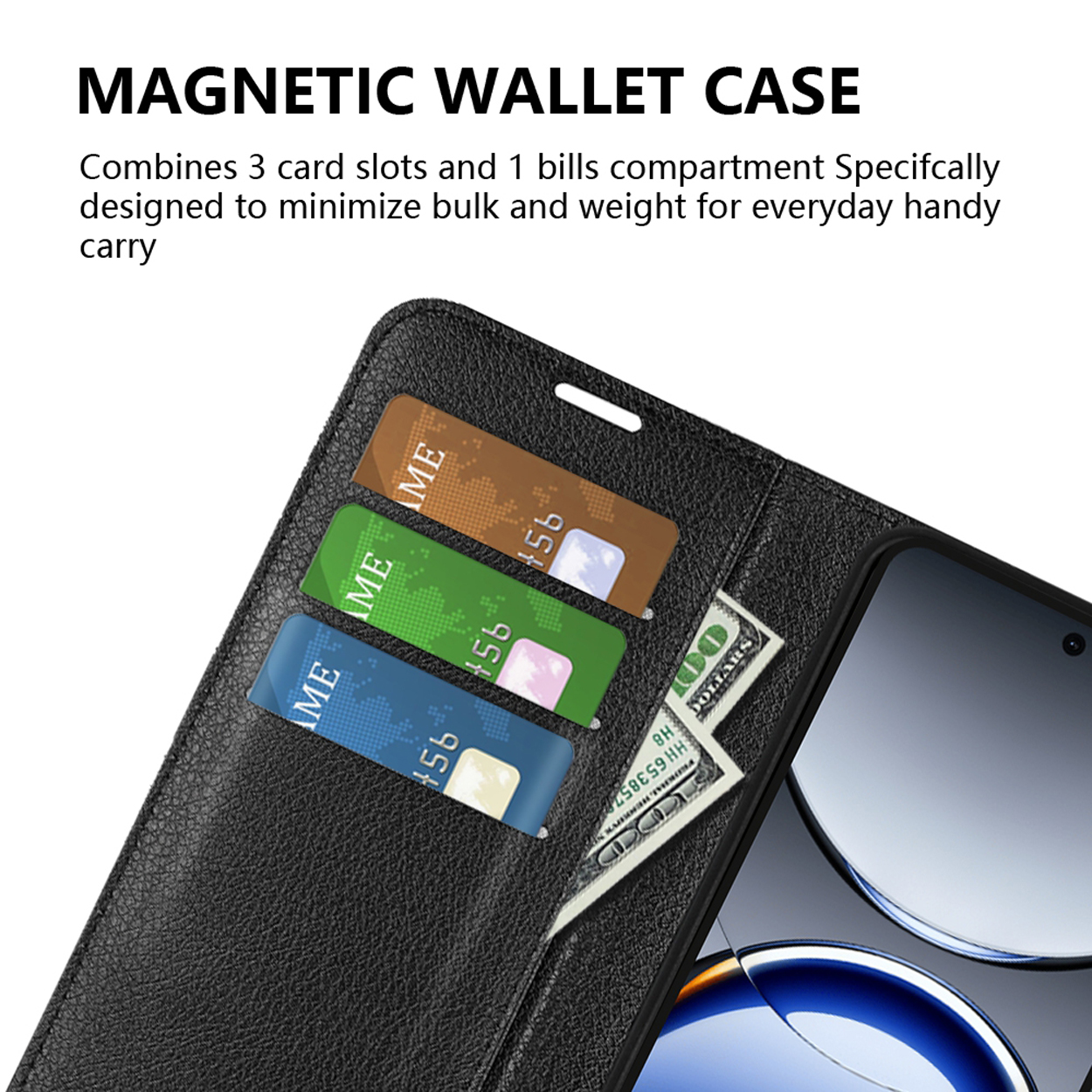 Zwarte leren wallet case open met drie kaarten en een dollarbiljet zichtbaar. Tekst: MAGNETIC WALLET CASE.