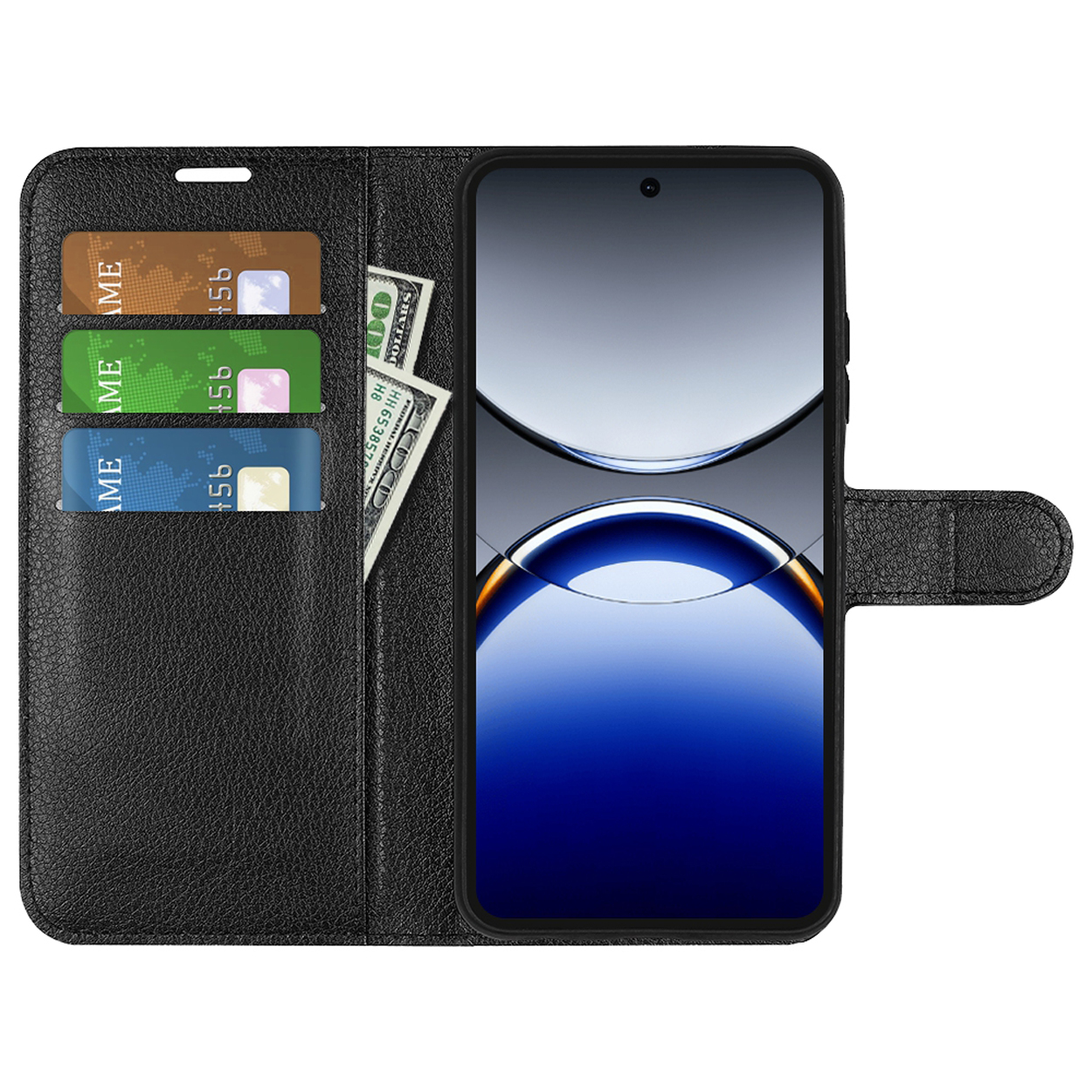 Zwart portemonnee hoesje open met telefoon, creditcards en dollarbiljetten erin. Op een witte achtergrond.