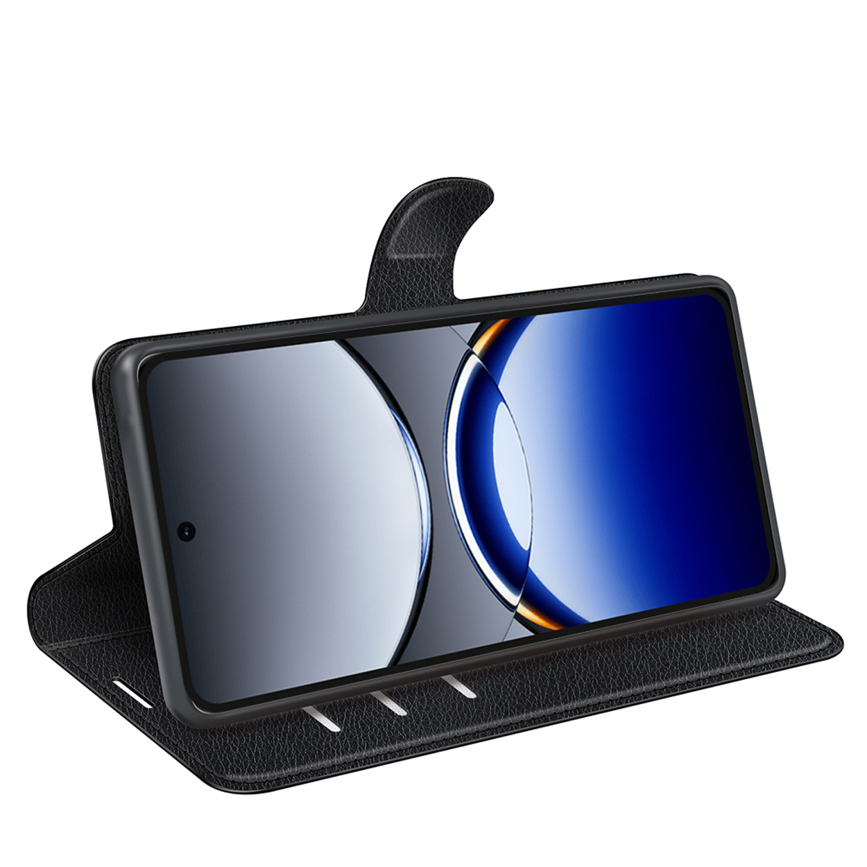 Zwarte telefoonhoes, telefoon open, toont het scherm en een gestructureerd oppervlak.