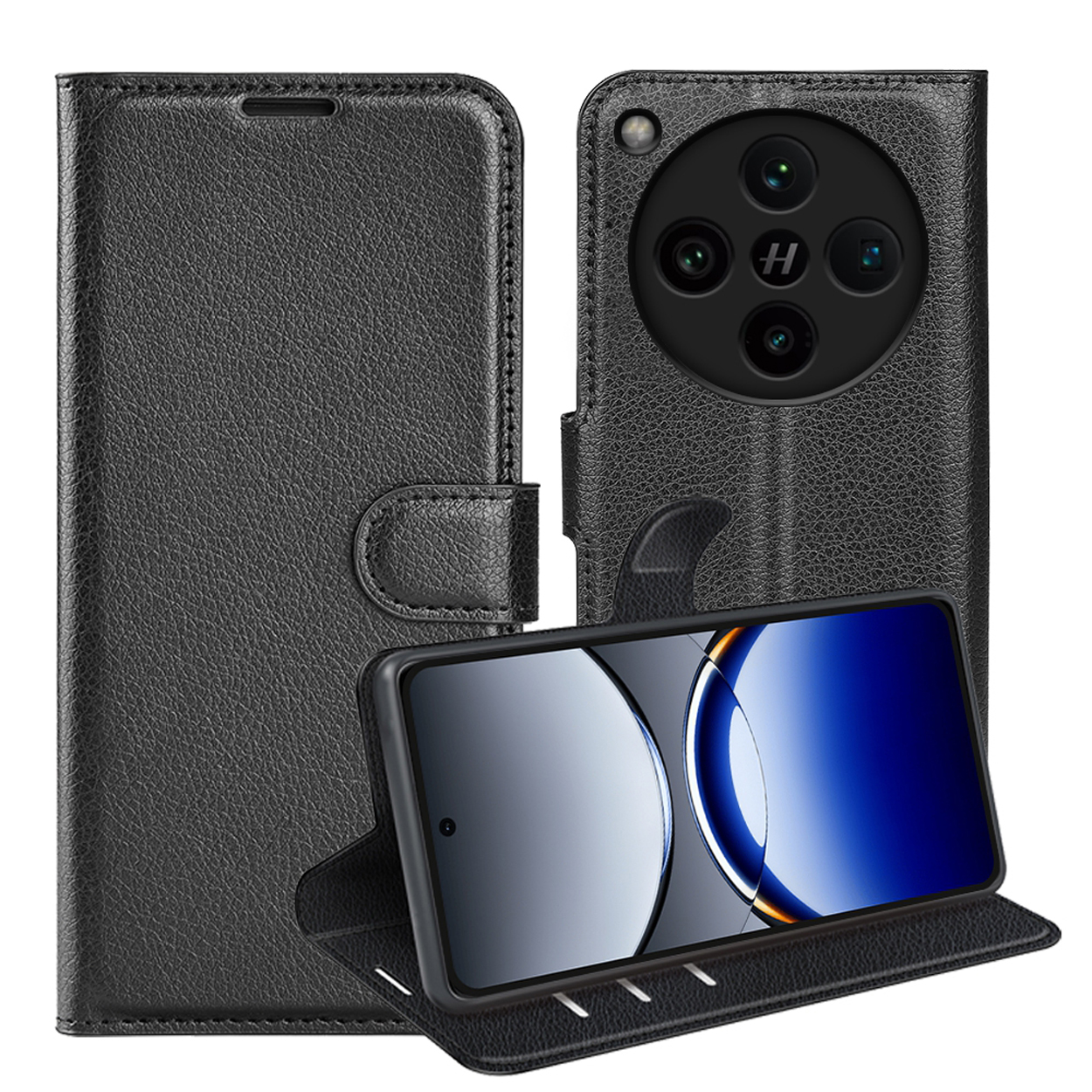 Zwarte leren telefoonhoes, gesloten, met telefoon in een standpositie.
