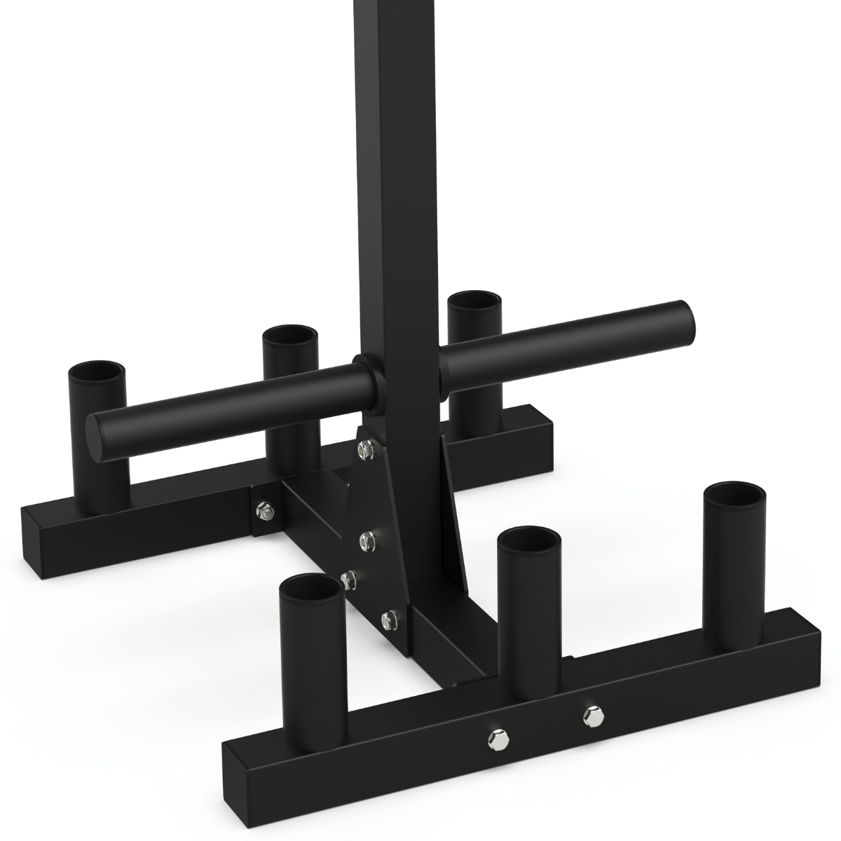 Zwart gewichtplaat-opbergsrek met meerdere verticale en horizontale palen voor platen.
