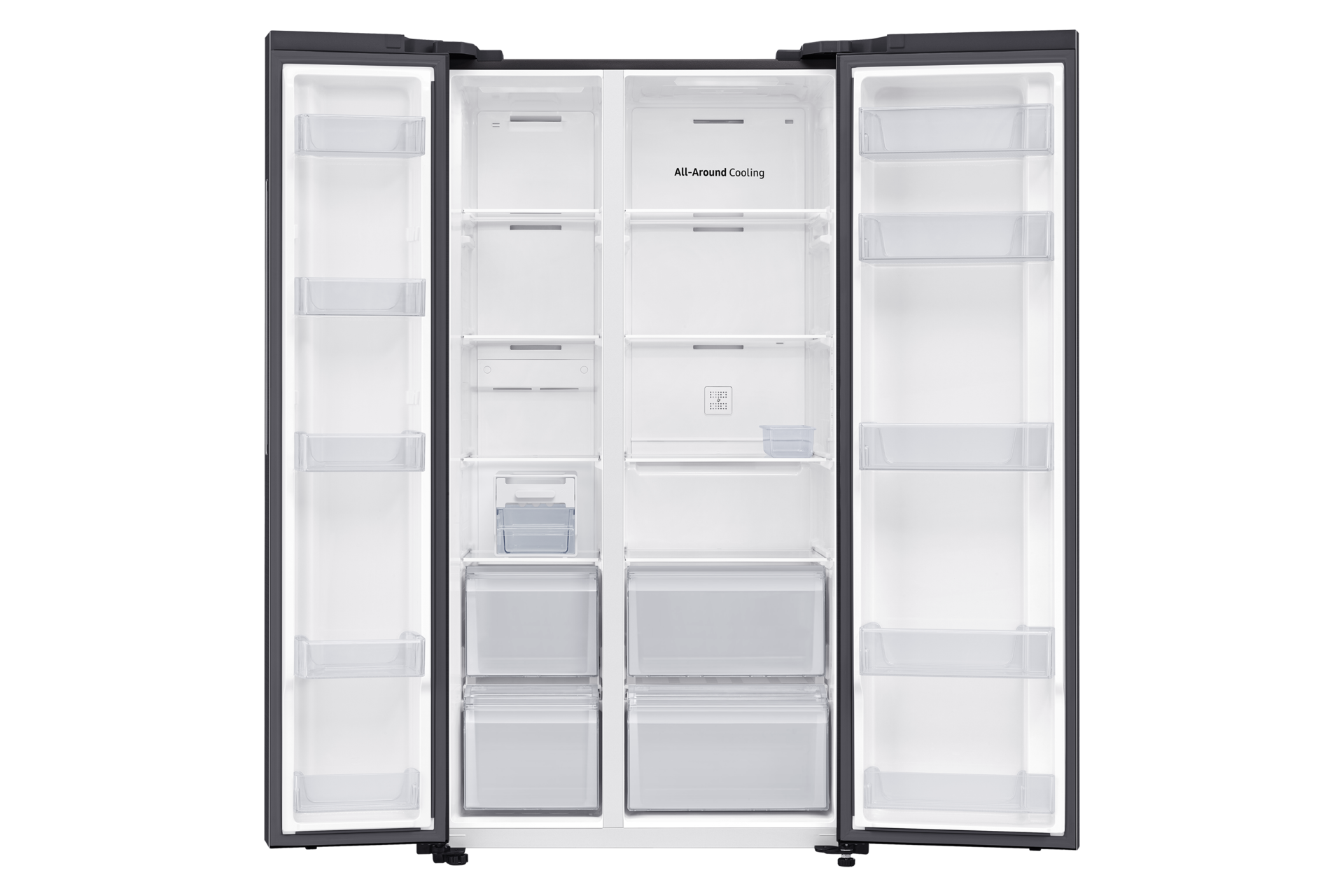 Otwarta lodówka z półkami, szufladami i przegródkami na różne przedmioty.