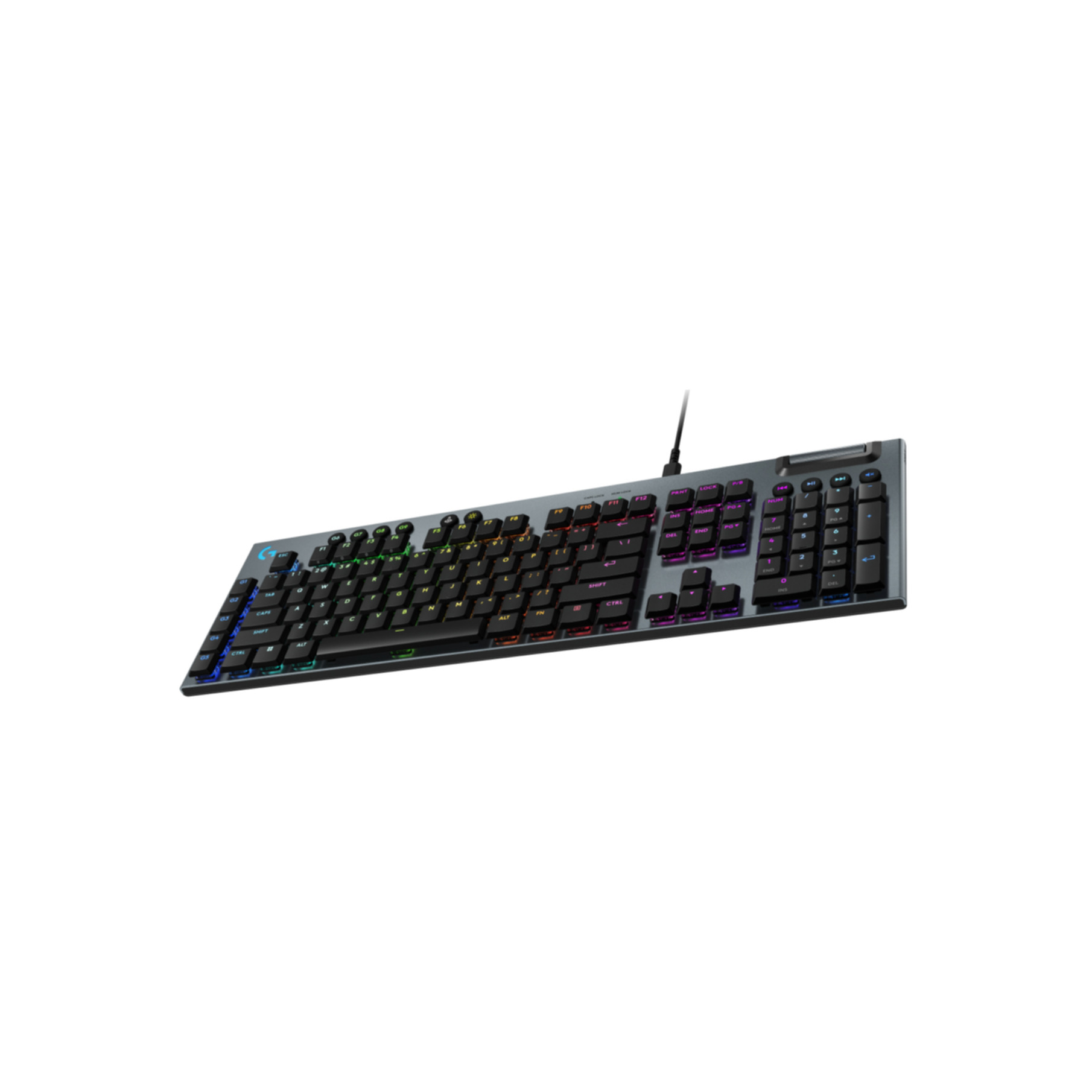 Schwarze kabelgebundene Tastatur mit mehrfarbigen Tasten. Die Tastatur ist abgewinkelt.