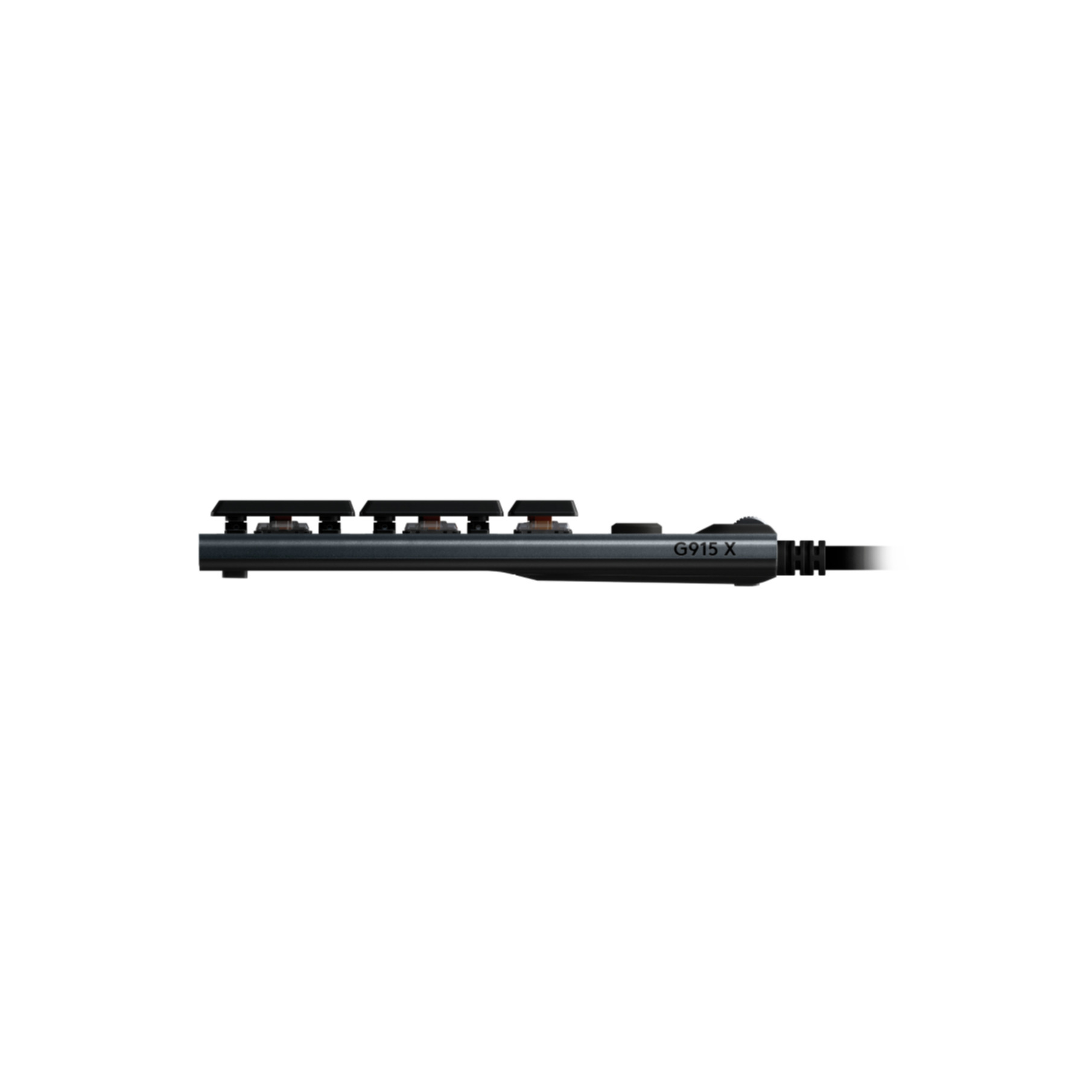Schwarze und graue Tastatur mit Tastenkappen. Der Modellname lautet G915 X. Das Kabel befindet sich rechts.