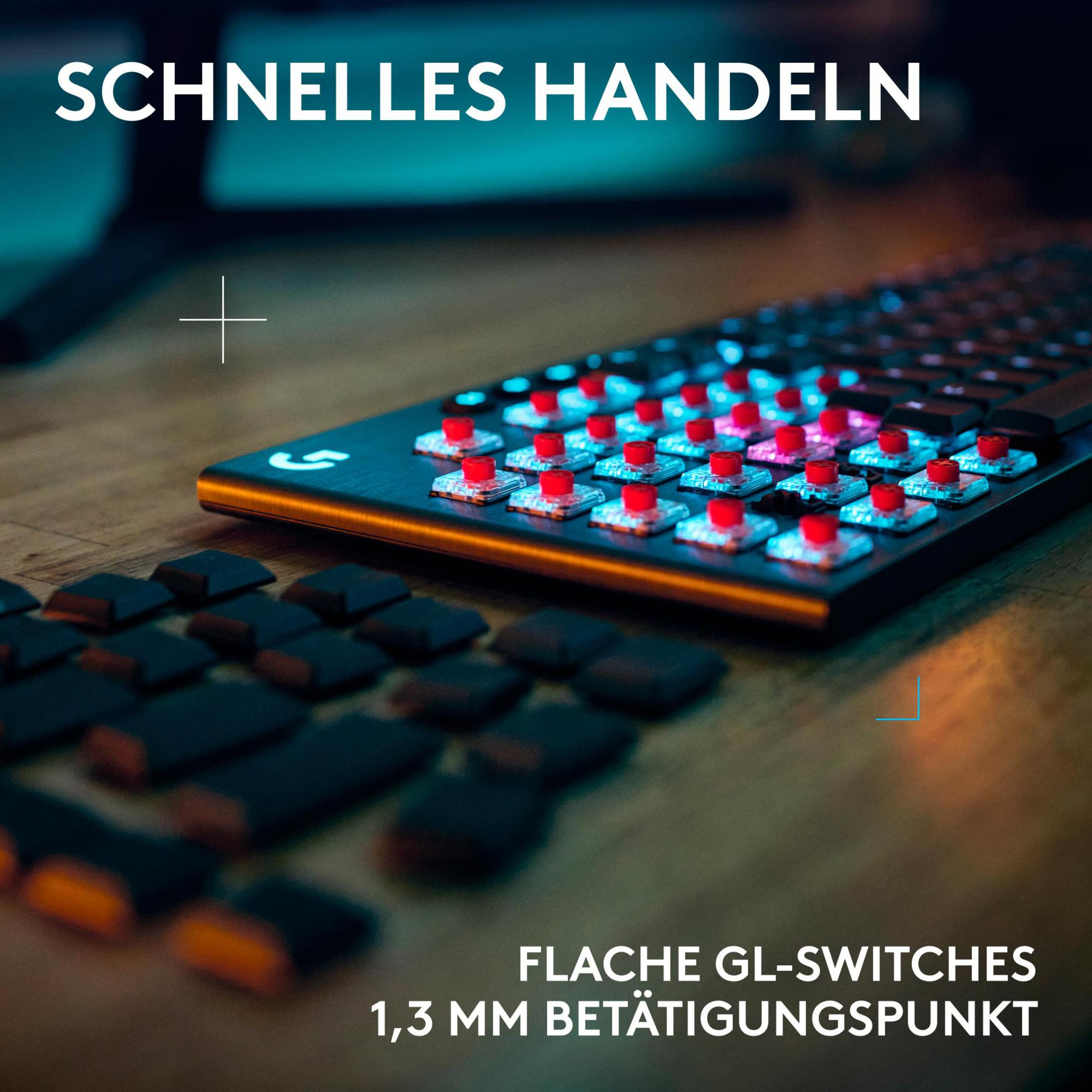 Klawiatura z czerwonymi klawiszami, z tekstem "SCHNELLES HANDELN" u góry i "FLACHE GL-SWITCHES" na dole.