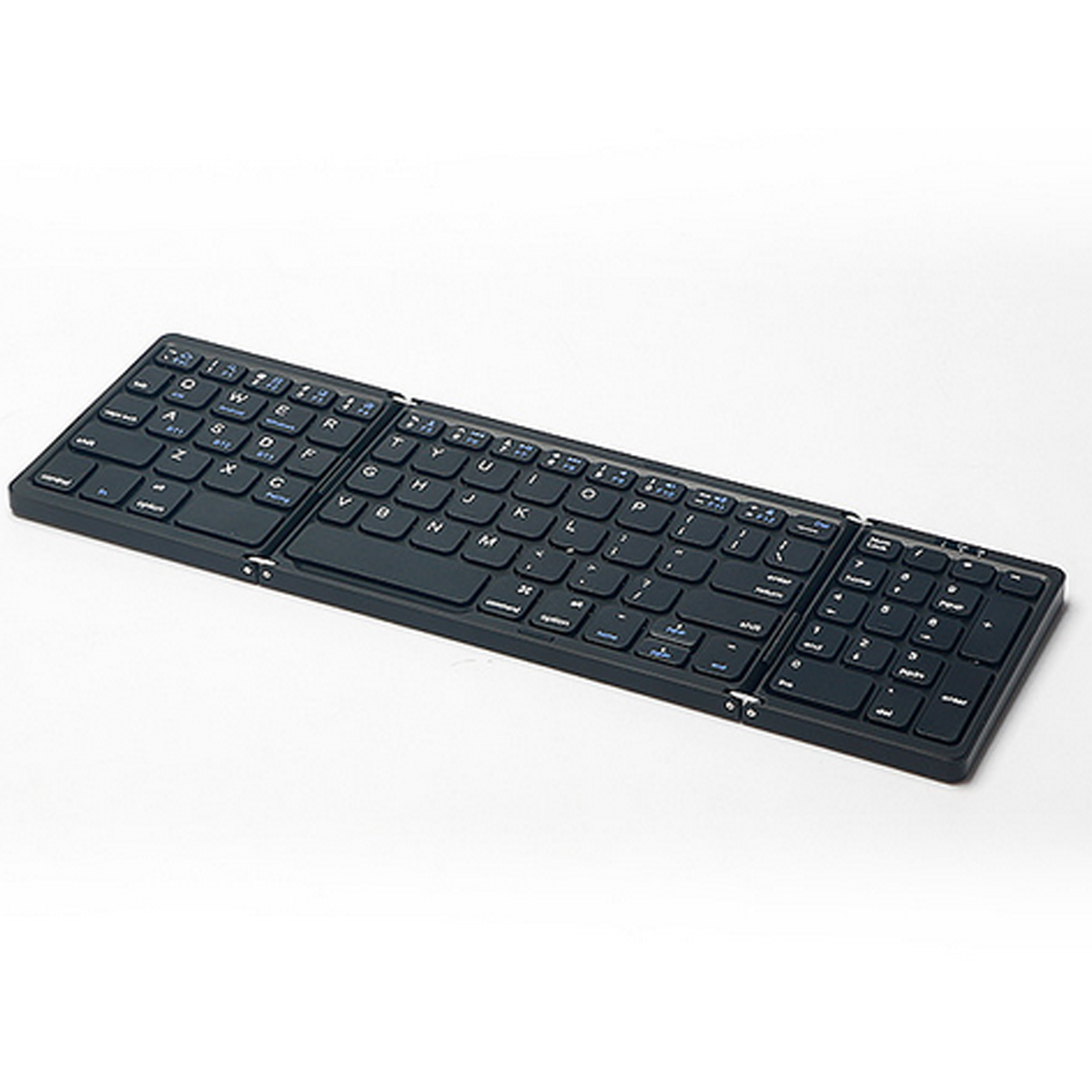 Faltbare schwarze Tastatur auf weißem Hintergrund. Tasten sind beschriftet. Kompaktes Design.