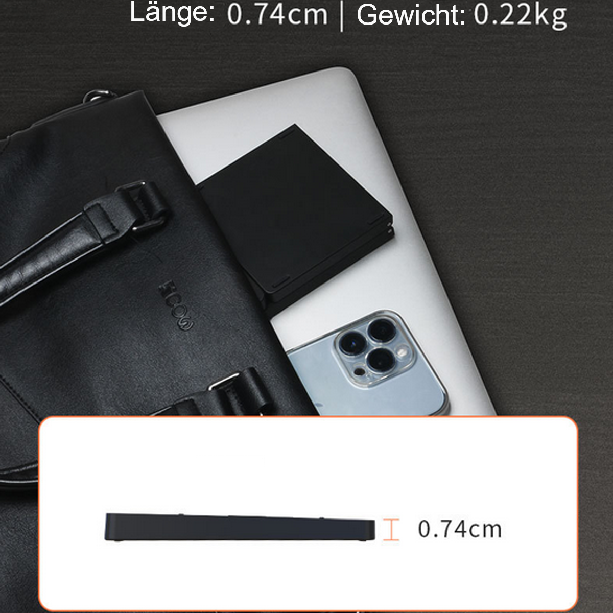 Schwarzes Gerät, Smartphone und schwarze Tasche. Das Gerät ist 0,74 cm groß und wiegt 0,22 kg.