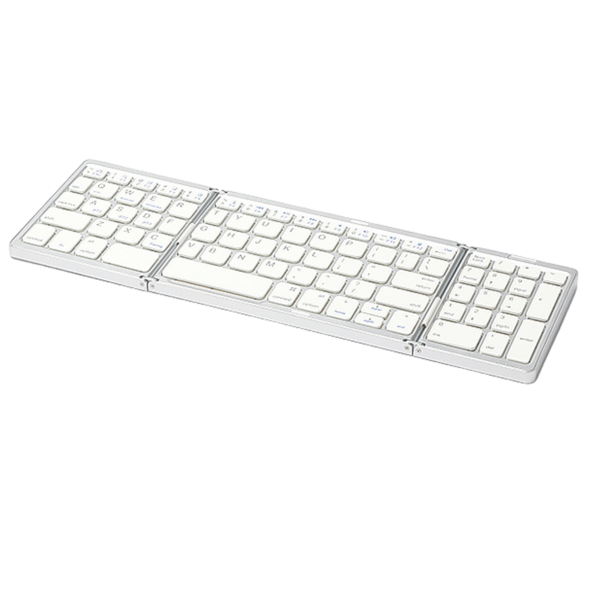 Faltbare weiße Tastatur mit weißen Tasten und einem silbernen Rahmen. Sie ist ausgeklappt und einsatzbereit.
