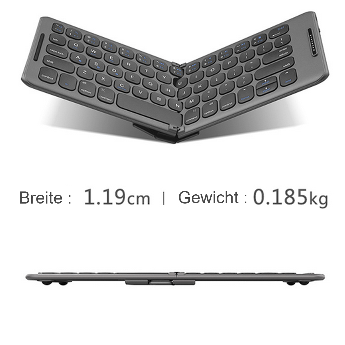 Faltbare, graue Tastatur, offen mit Tasten und geschlossen mit Abmessungen.